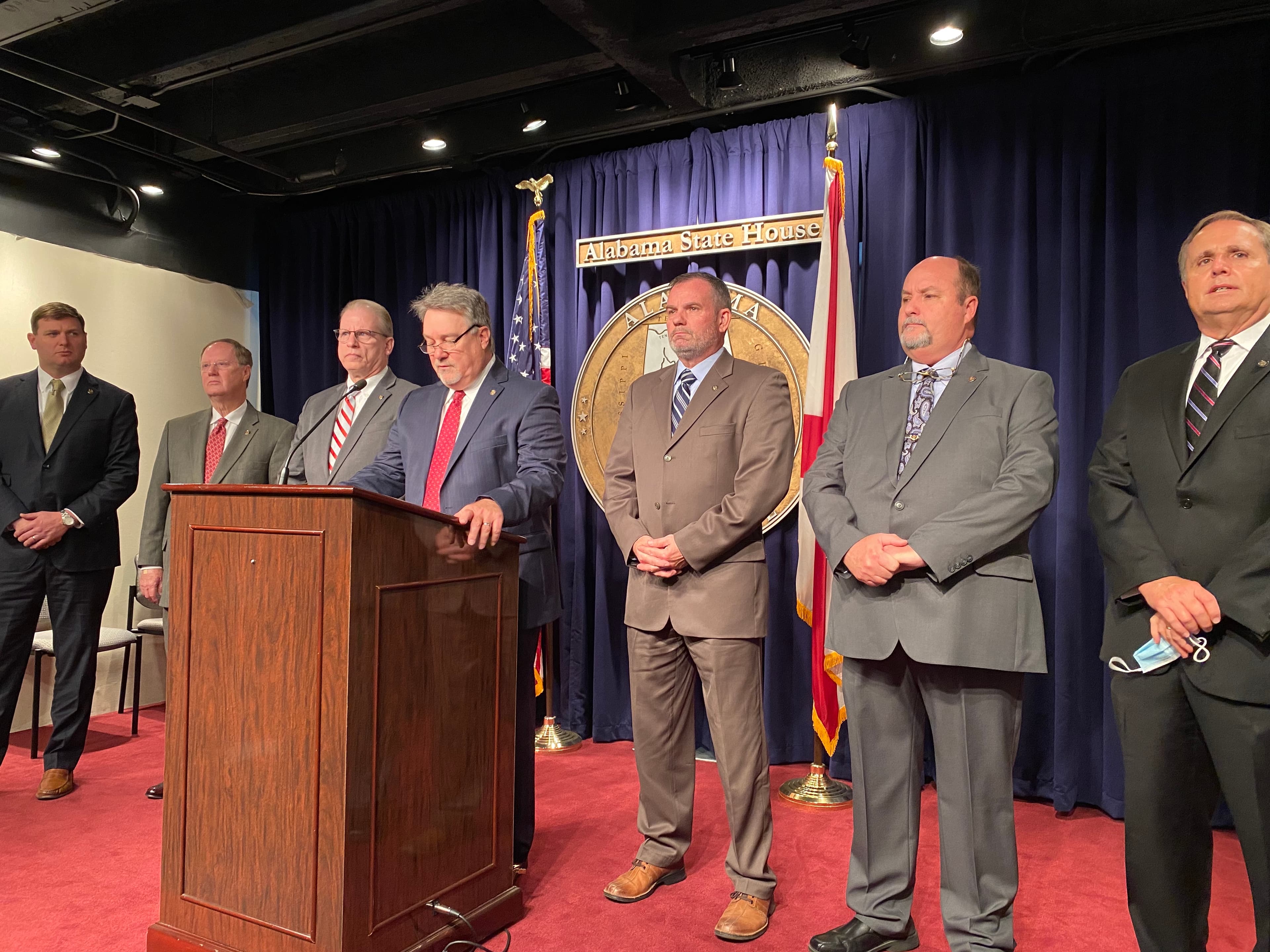 Members of the Alabama House Republican Caucus stand together at the announcement of the 2022 agenda. (JACOB HOLMES/APR)