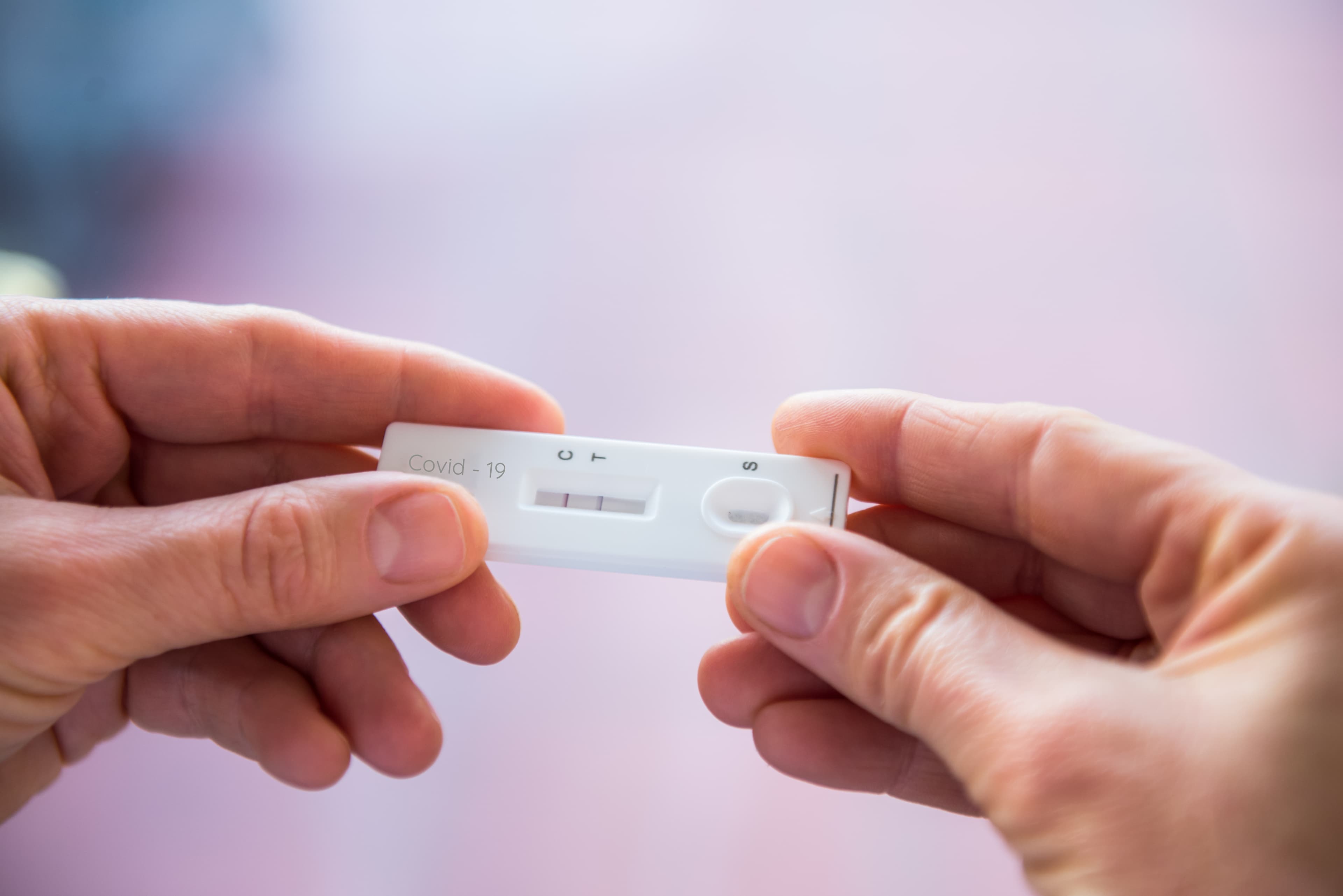 Close up woman hands holding rapid covid -19 test with a positive result. Self express coronavirus testing at home. Covid-19 test kit for detecting IgM IgG antibodies and immunity. Selective focus.