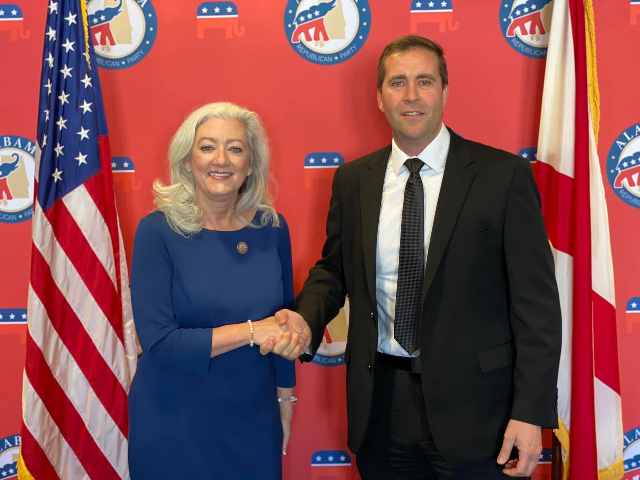 State Rep. Ginny Shaver, left, and Alabama Republican Party Chairman John Wahl, right.