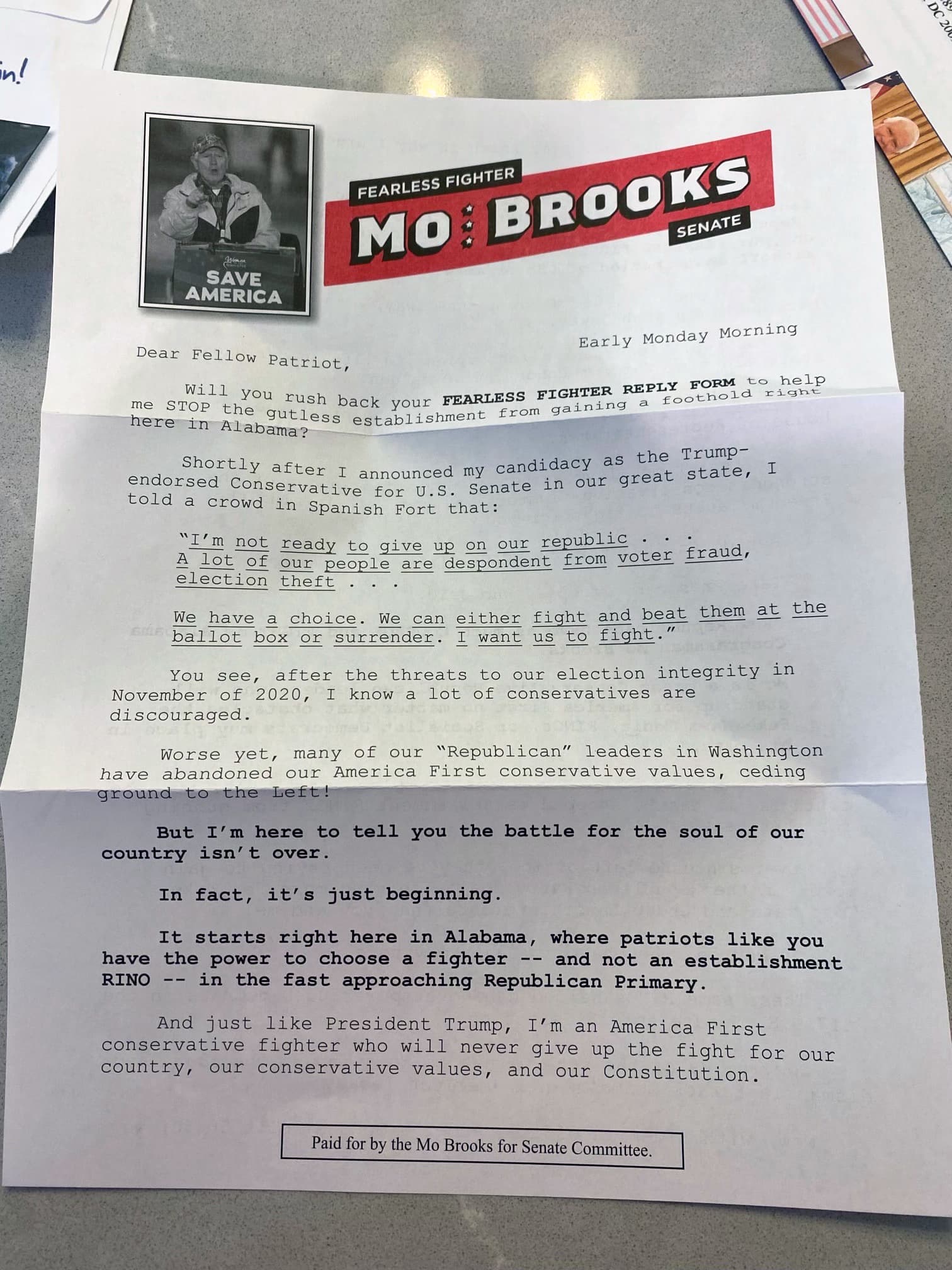 A Mo Brooks campaign mailer obtained by APR.
