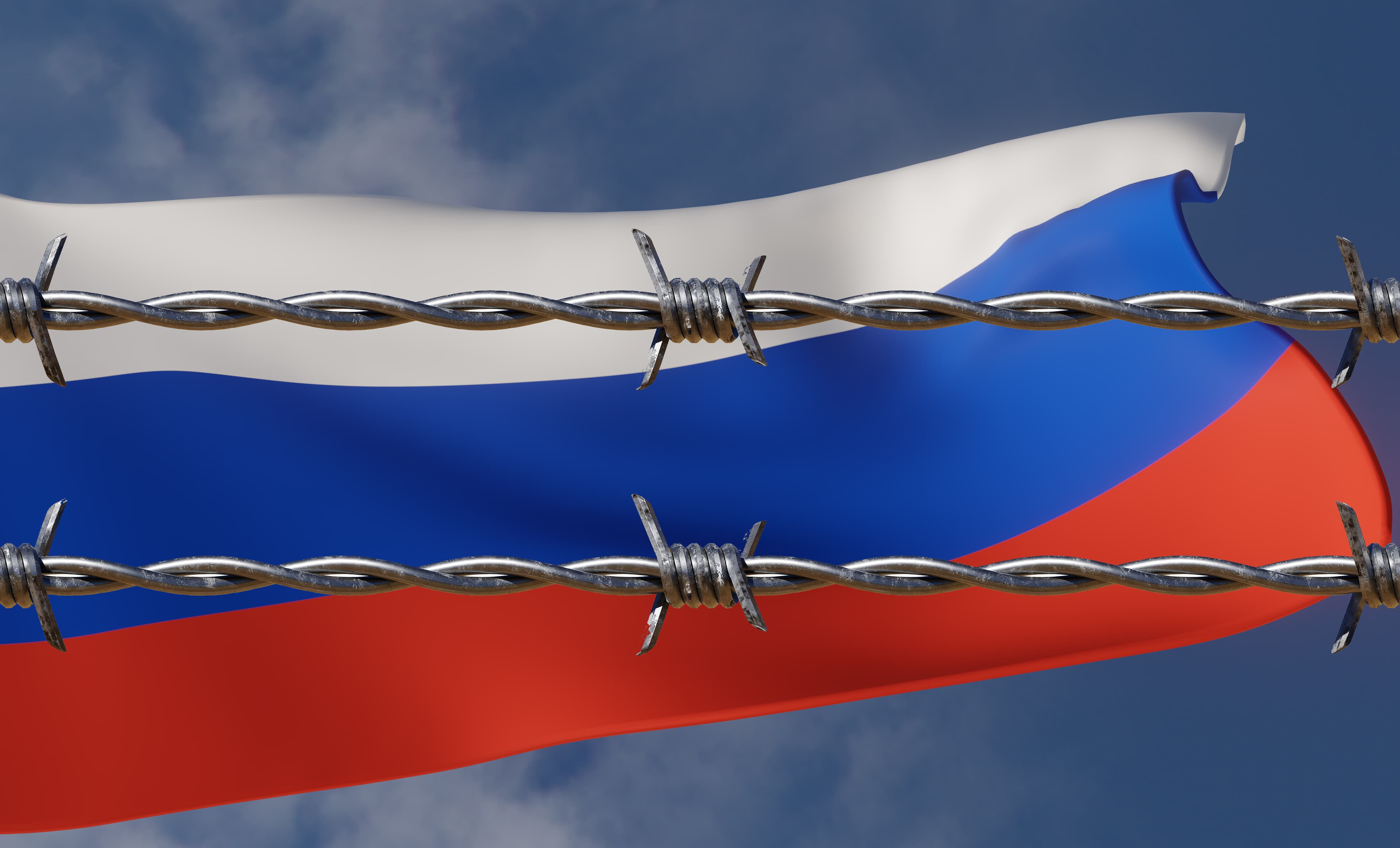 Sanctions on Russia with Russian flag on Barbed Wire