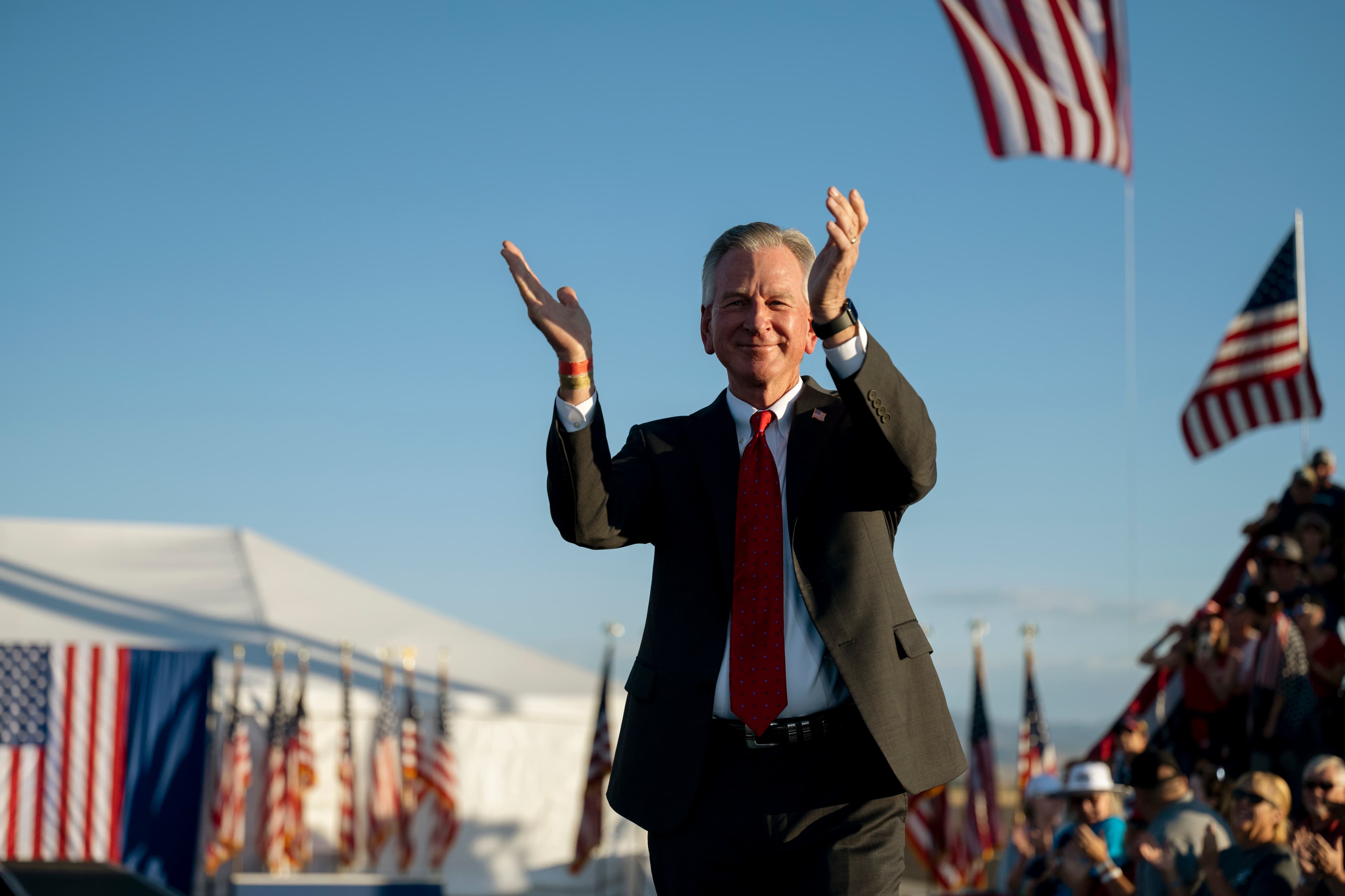 U.S. Sen. Tommy Tuberville, R-Ala., is introduced at a rally for former President Donald Trump at the Minden Tahoe Airport in Minden, Nev., Saturday, Oct. 8, 2022.