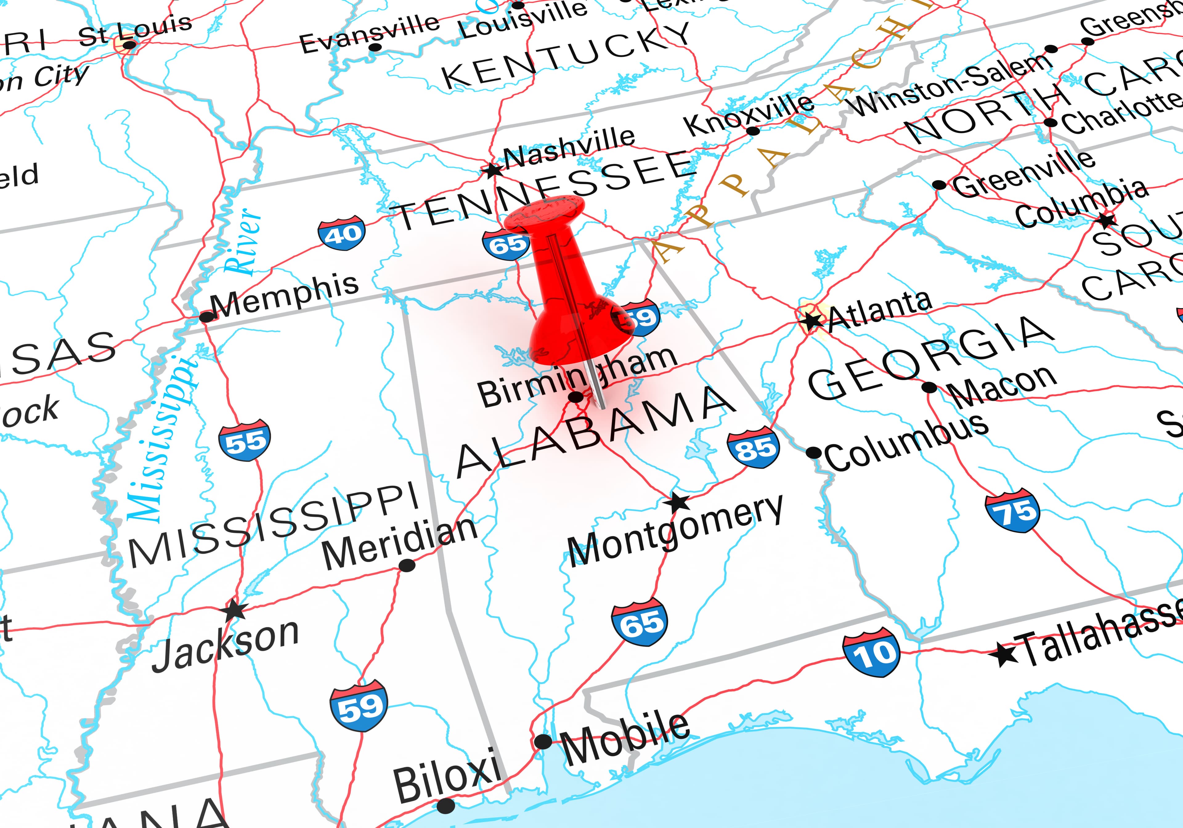 Red Thumbtack Over Alabama, Map is Copyright Free Off a Governme