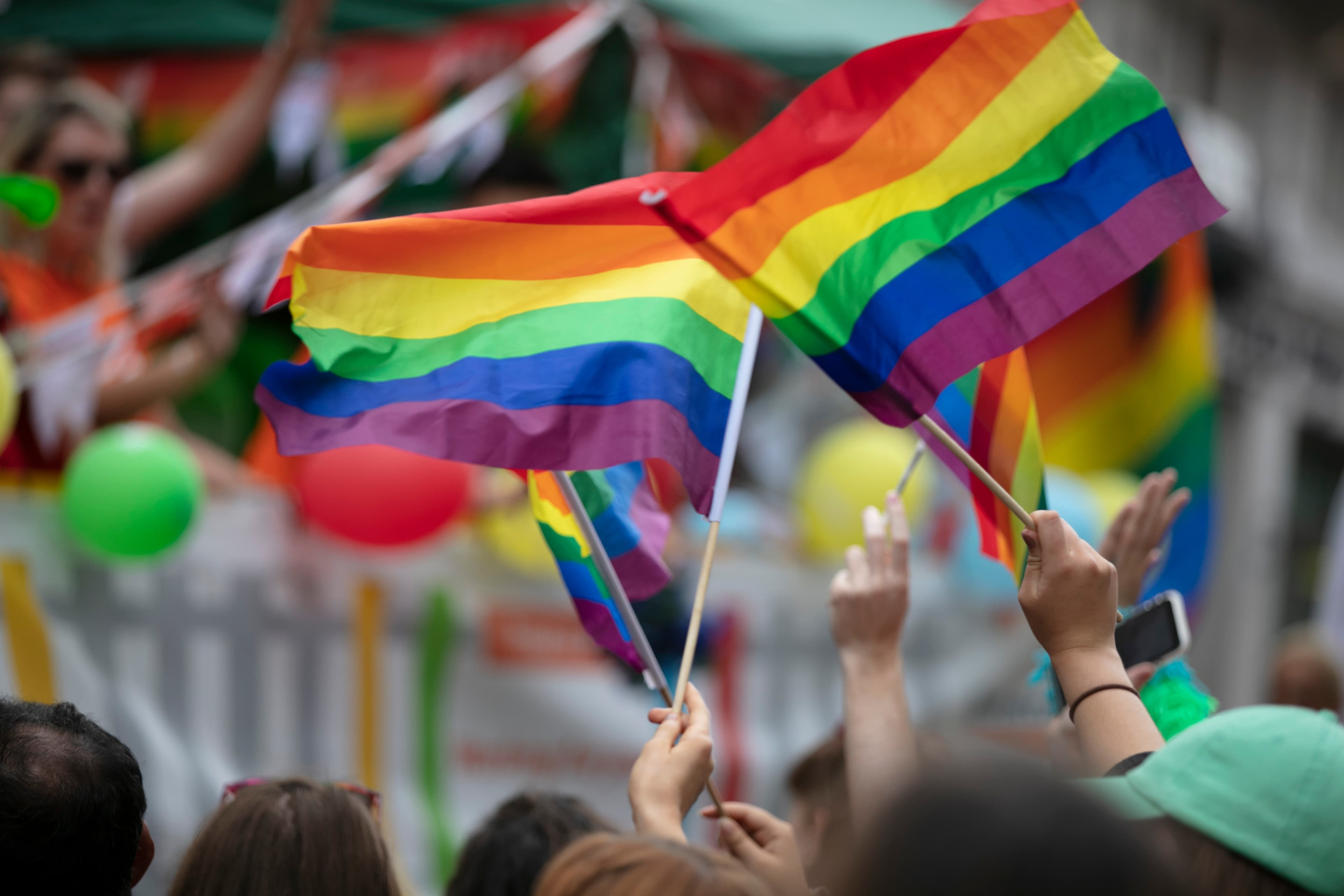 People wave LGBTQ gay pride flags at a solidarity march