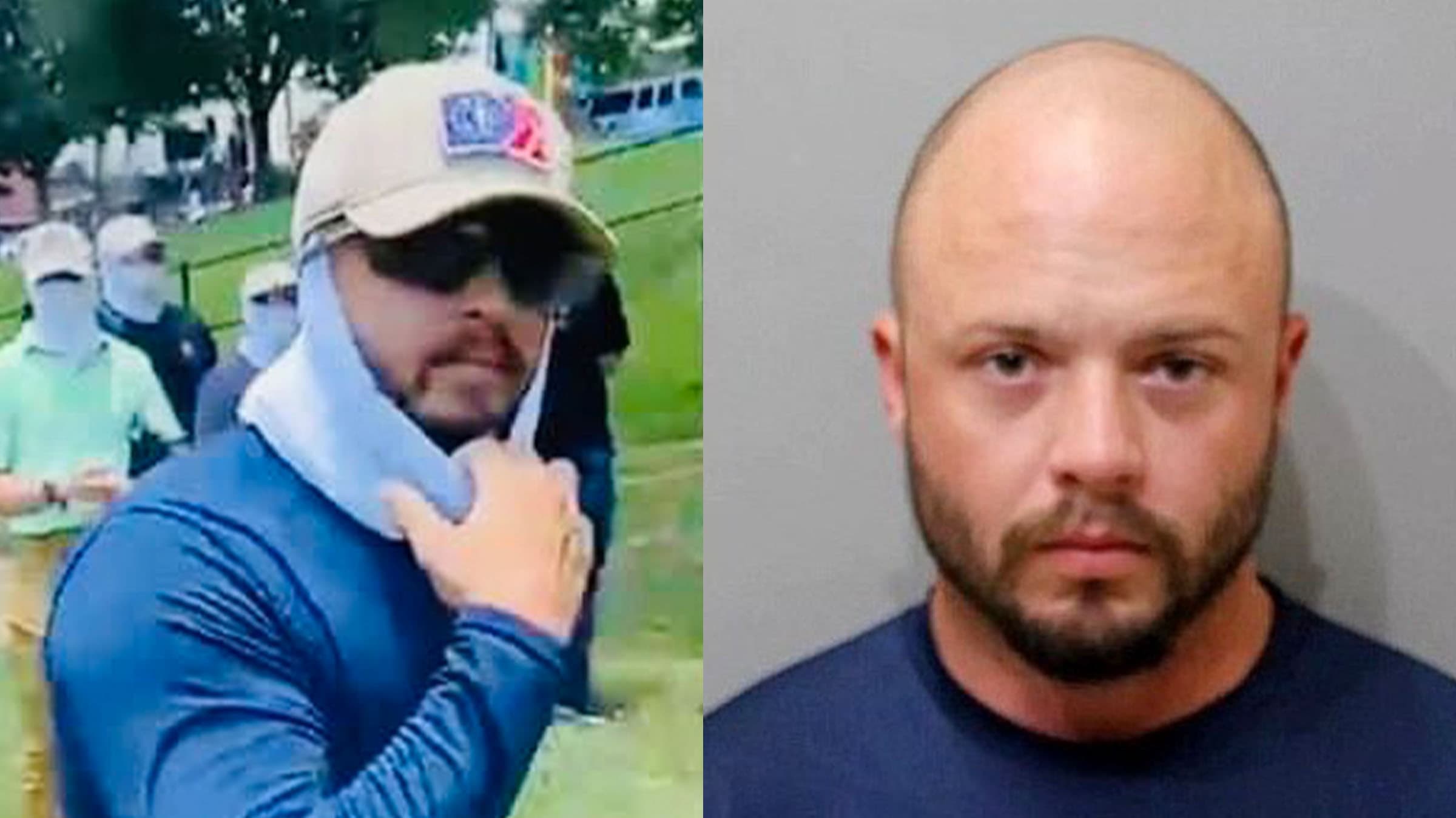 A still shot of Wesley Van Horn unmasking at the Patriot Front disruption of a Prattville Pride Picnic in contrast to a mugshot from Van Horn's June 2022 arrest for conspiracy to riot at an Idaho pride event.