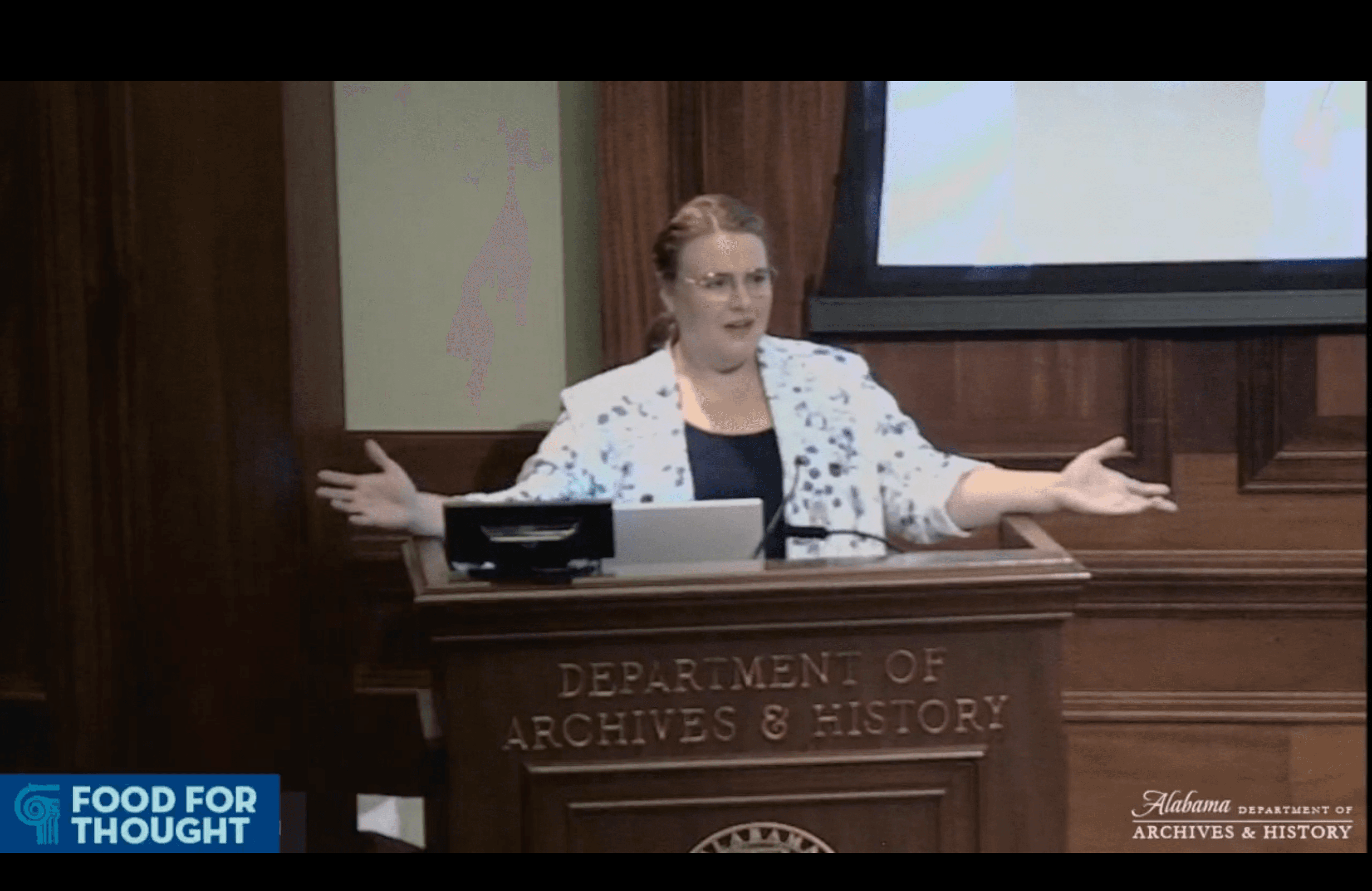 Maigen Sullivan delivers a lecture at the Alabama Department of Archives and History in Montgomery.