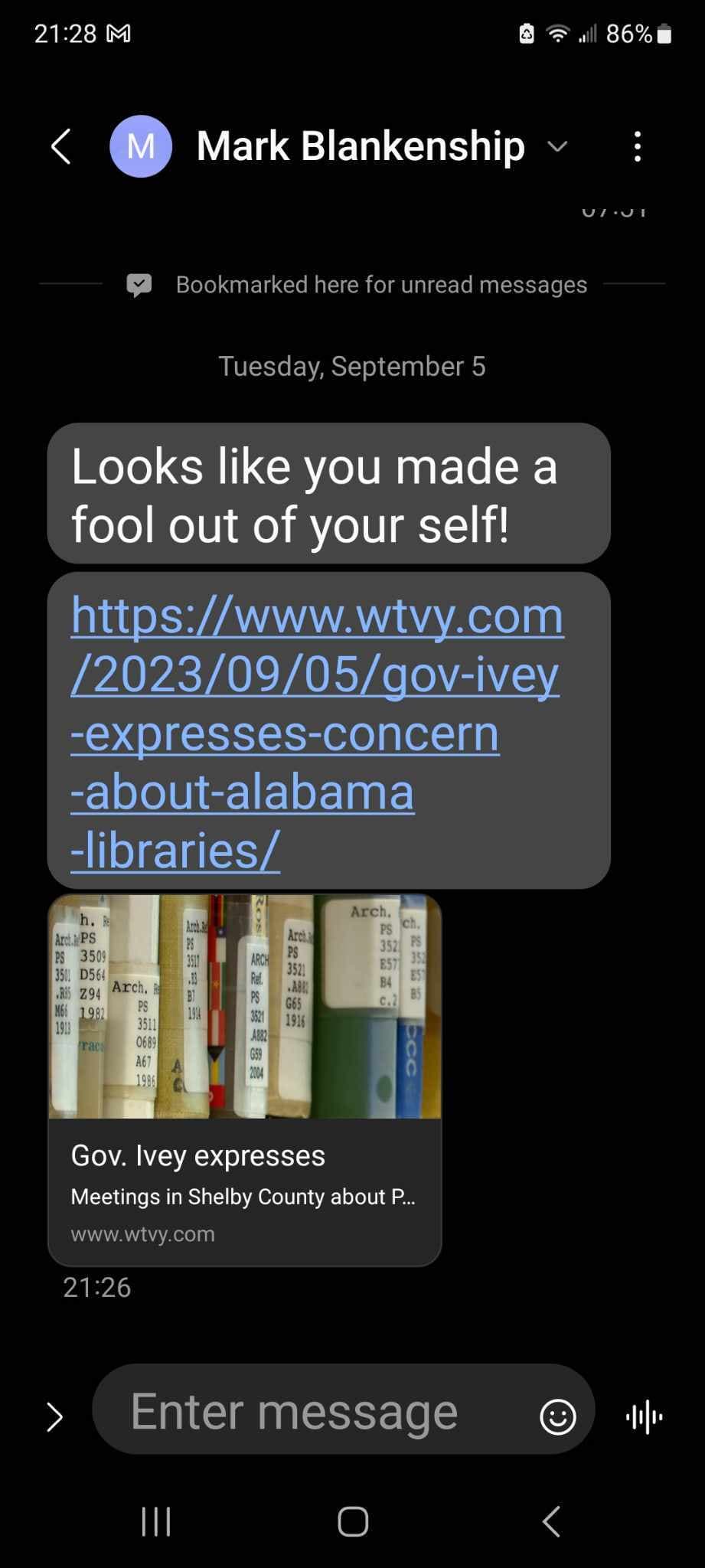 Hours after Ozark citizen Bryant Fontenot called for the censure of Mayor Mark Blankenship for his interactions with citizens regarding the library debate, Blankenship sent him this text.
