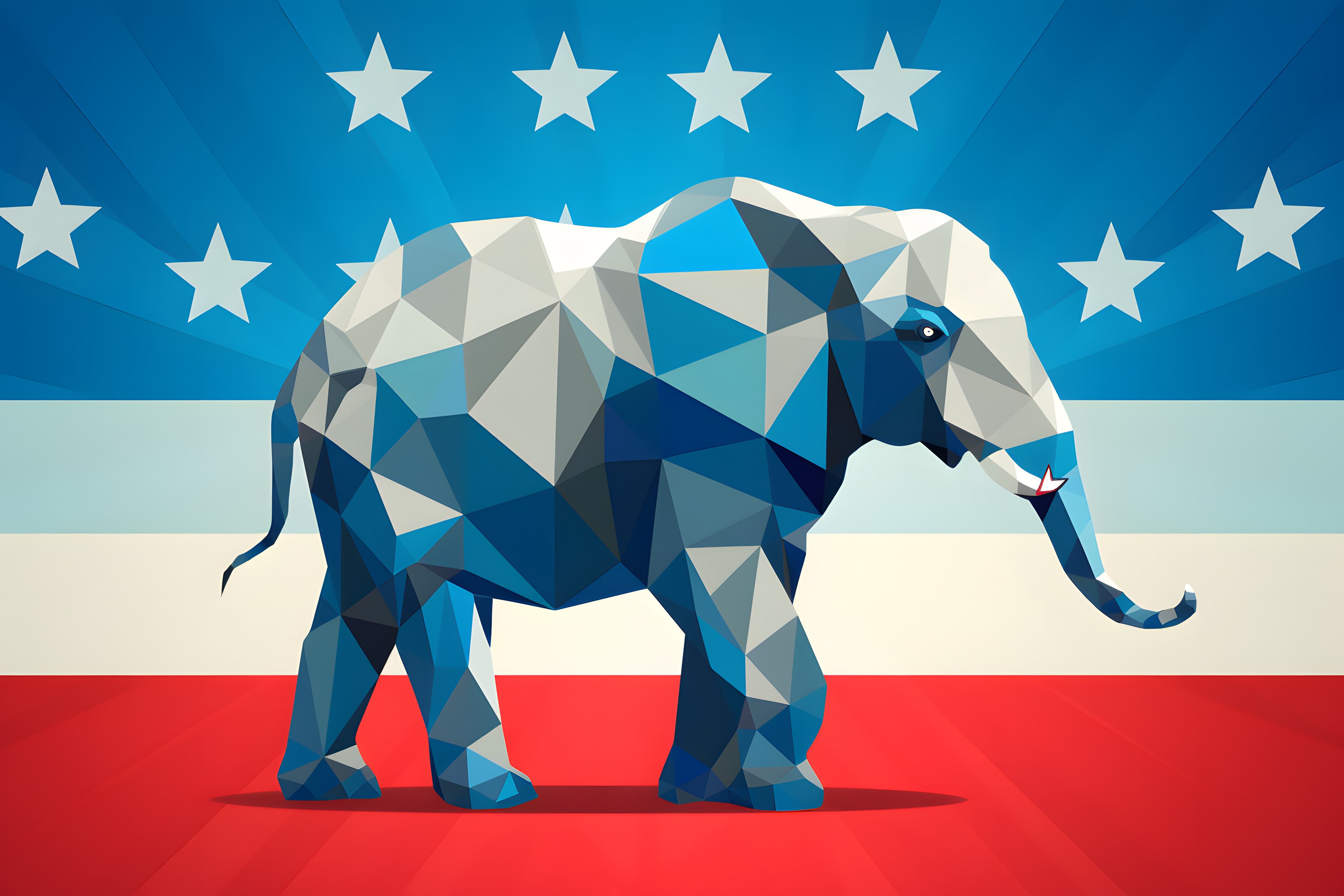 republican geometric elephant with American flag pattern on blue and red background