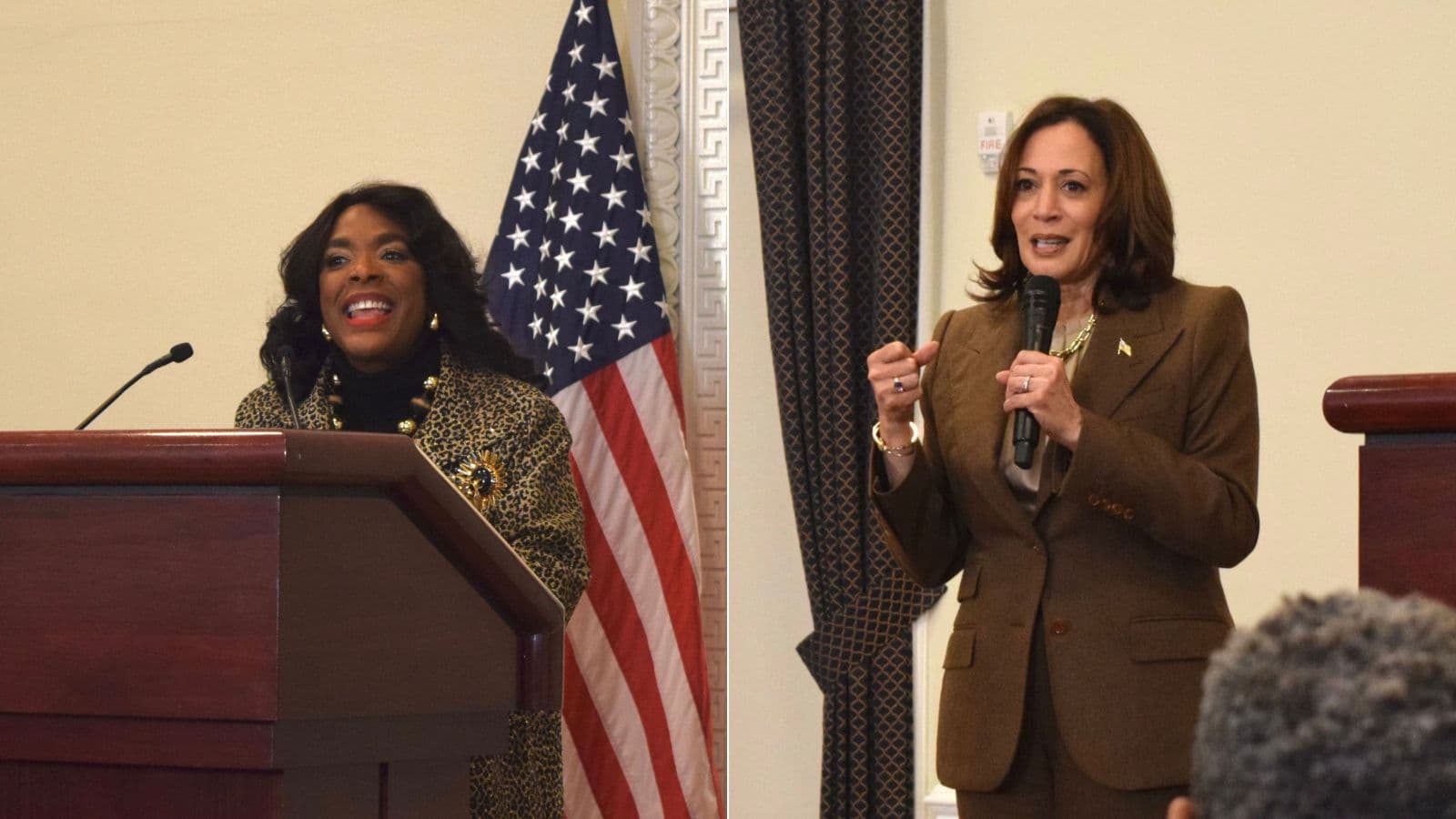 Rep. Terri Sewell, left, and Vice President Kamala Harris, right, speaking at a White House Black History Month event.