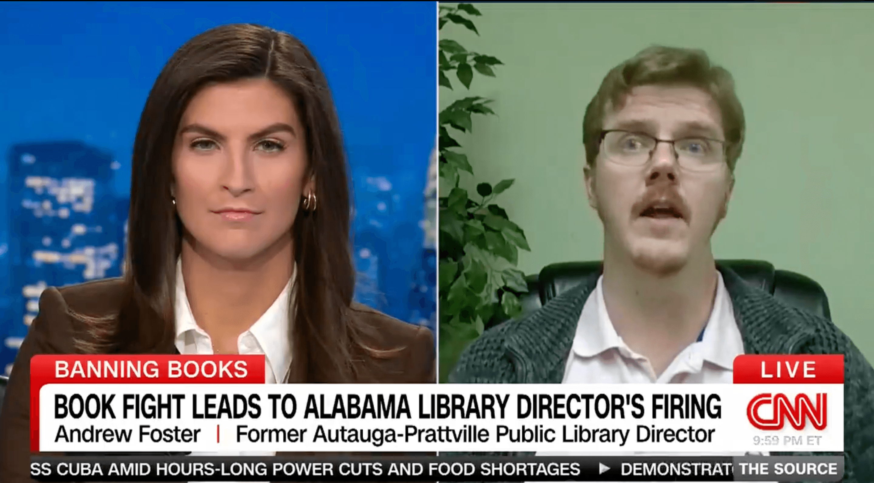 CNN's Katilan Collins, a Prattville native, interviews former Prattville Library Director Andrew Foster on her show "The Source" Monday. (Screengrab/CNN)