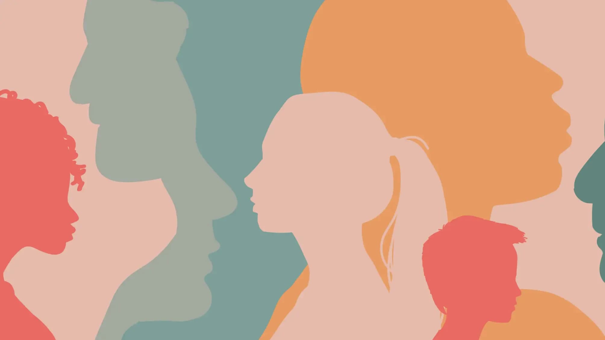 cross cultural, racial equality, multi ethical, diversity people. woman and man power, empowerment, tolerance, discrimination. wide banner background of human profile silhouette, vector illustration