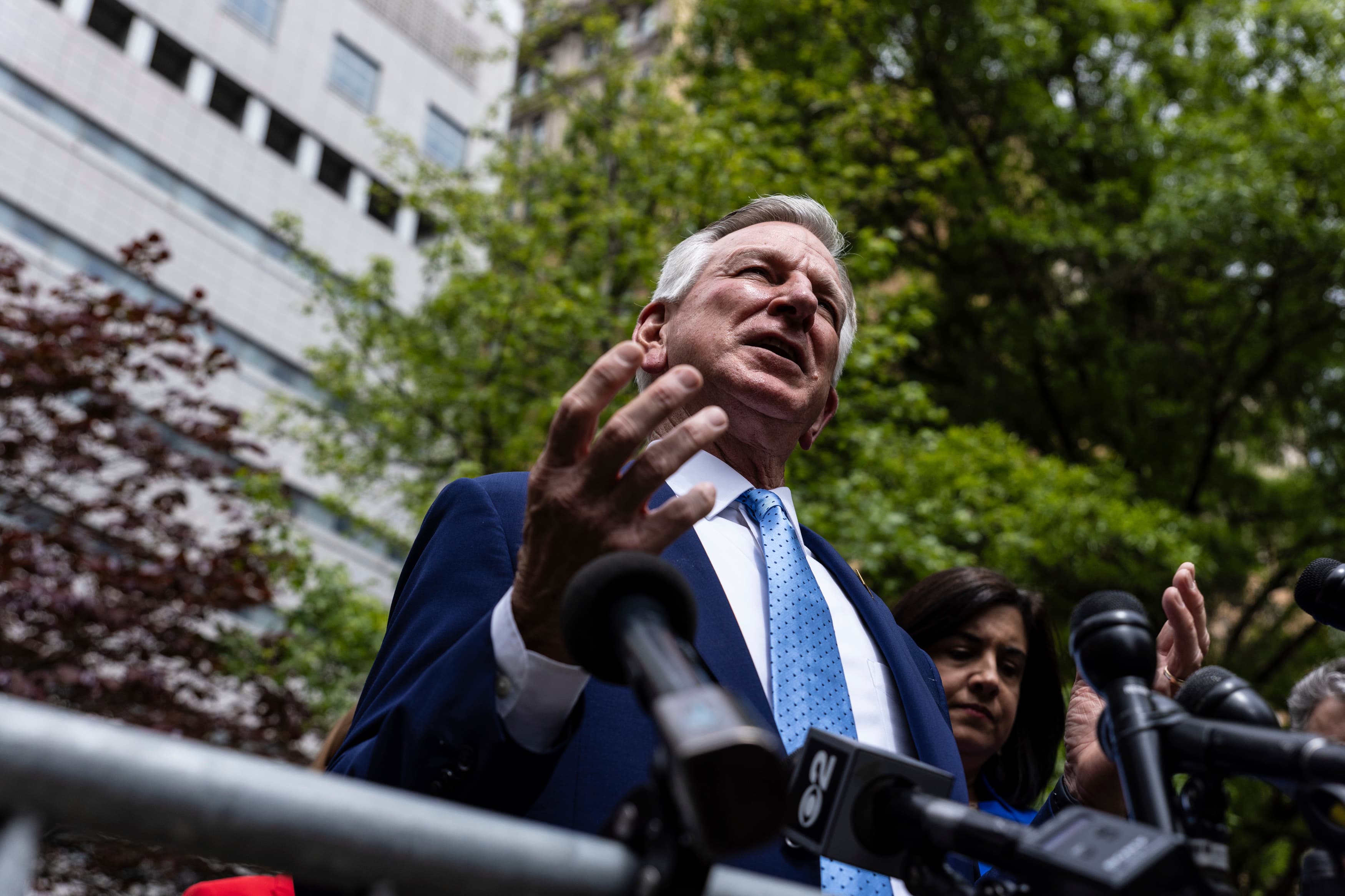 Sen. Tommy Tuberville, R-Ala., speaks at a press conference across the street from the Manhattan criminal court, Monday, May 13, 2024, in New York. Trump was accompanied to court Monday by some of his top congressional surrogates. (AP Photo/Stefan Jeremiah)
