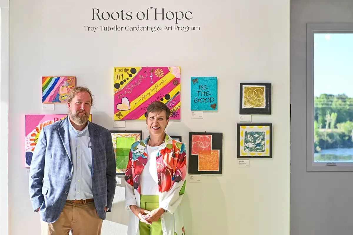 Dr. Stephen Carmody and Dr. Kelly Berwager at the "Roots of Hope" art reception at The Kelly Fitzpatrick Center for the Arts in Wetumpka.