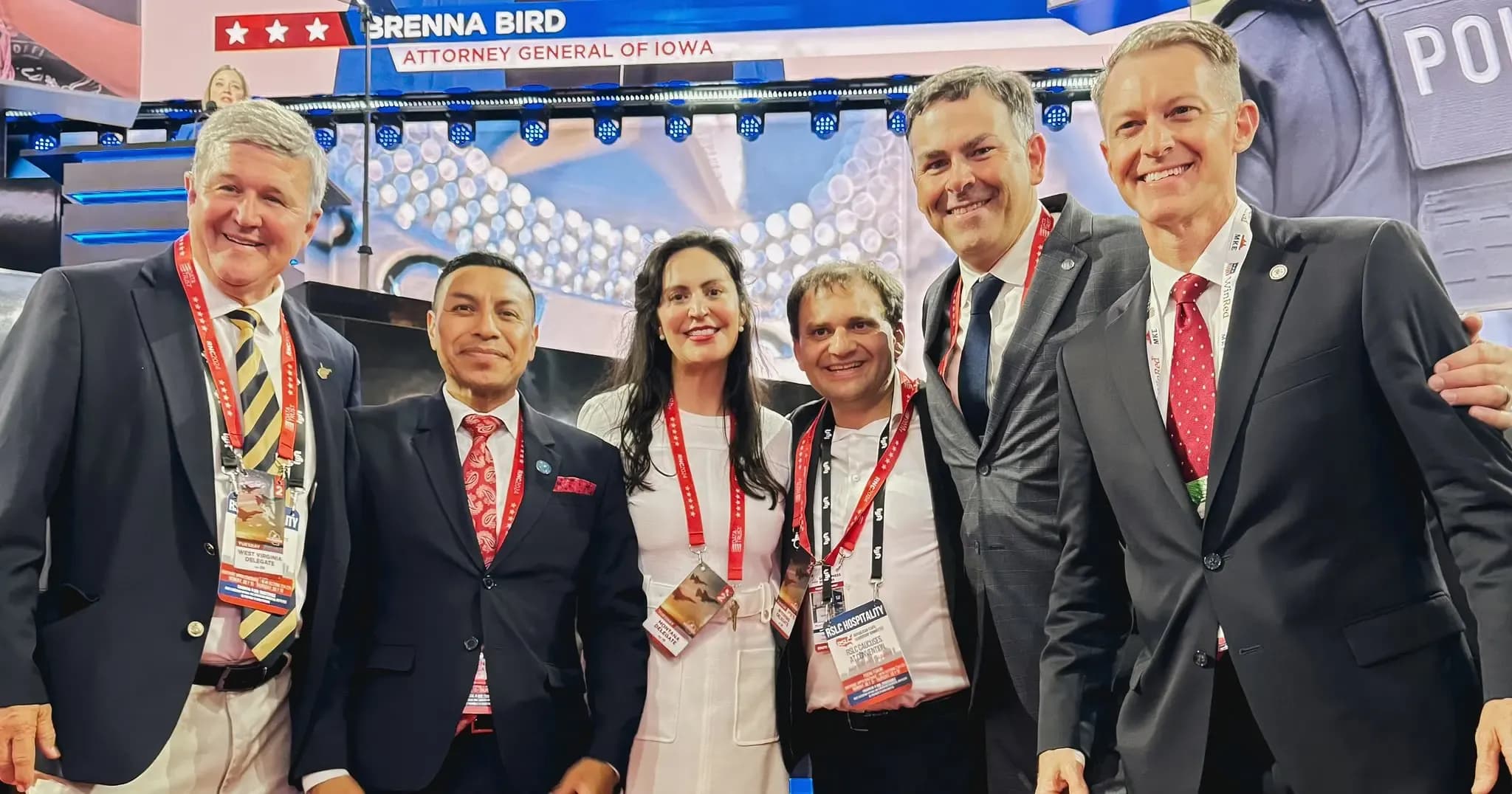 Alabama Secretary of State Wes Allen, first from right, with other Republican secretaries of state on the floor of the RNC.