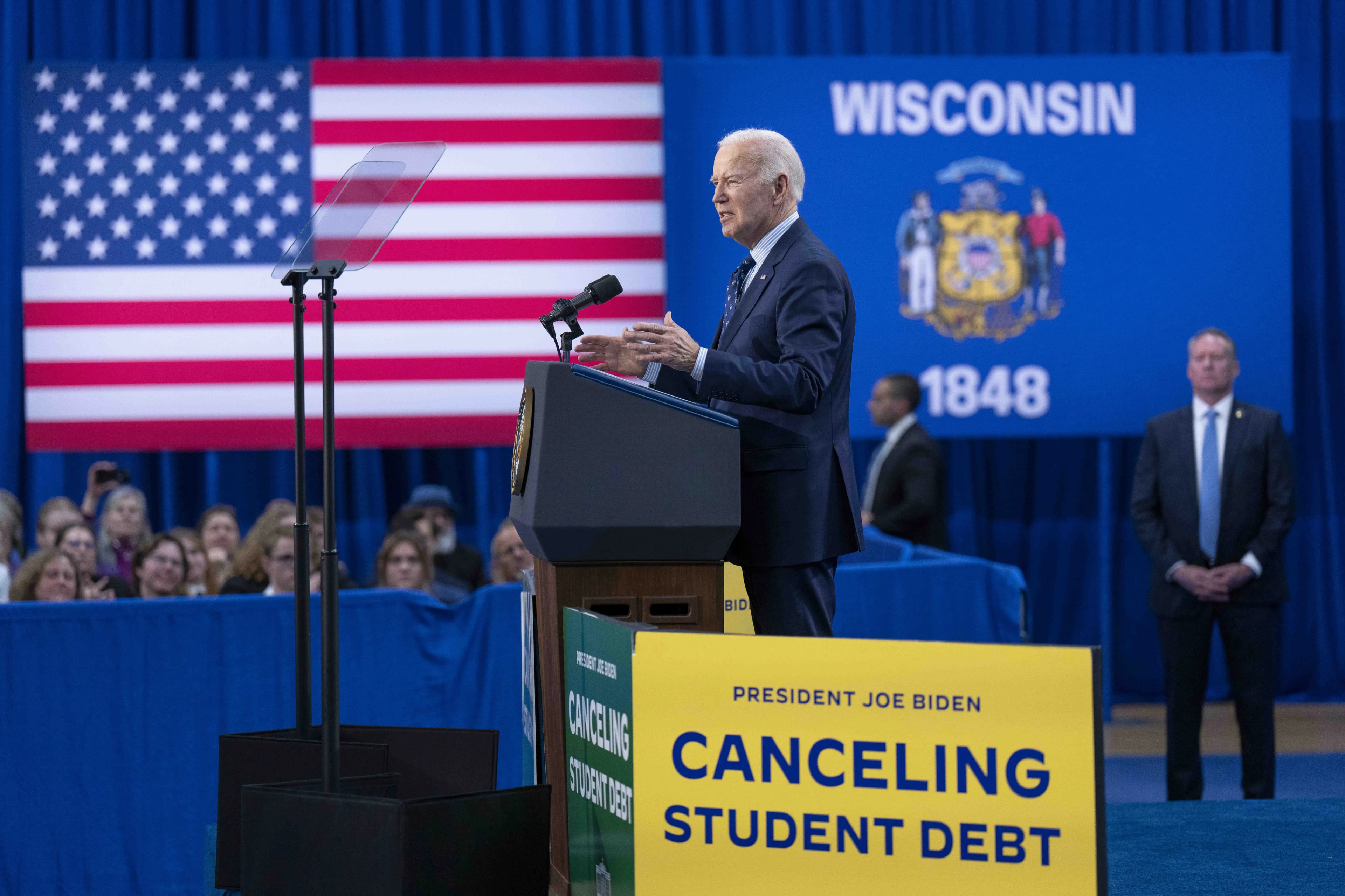 President Joe Biden delivers remarks on relief for borrowers disproportionately burdened by student loan debt on April 8, 2024, in Wisconsin.