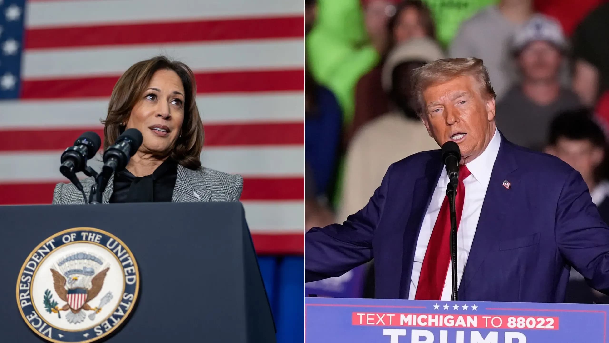 Democratic presidential candidate Vice President Kamala Harris, left, and Republican candidate and former president Donald Trump, right.
