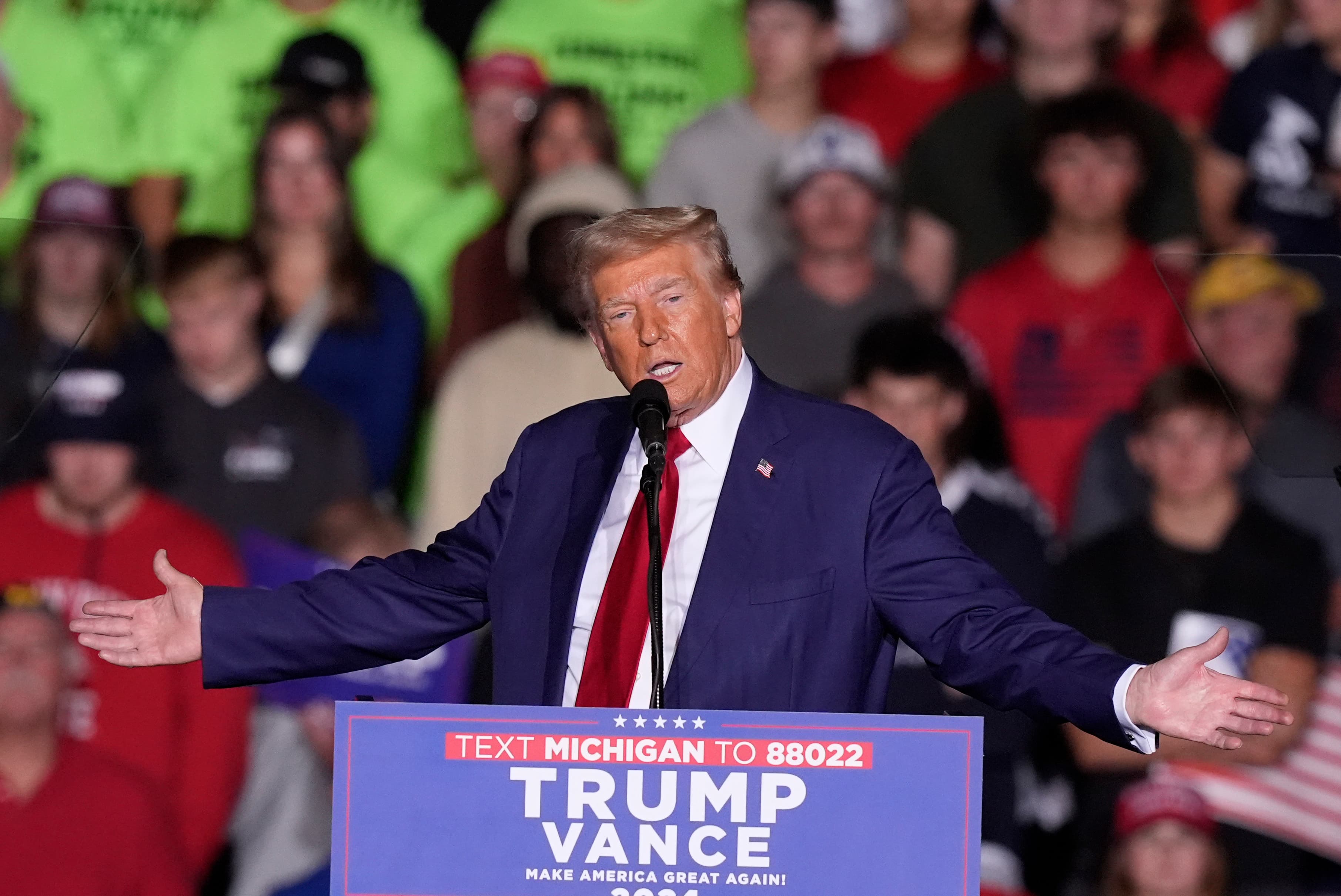 President Donald Trump speaks at a campaign event at the Ryder Center at Saginaw Valley State University, Thursday, Oct. 3, 2024, in University Center, Mich.