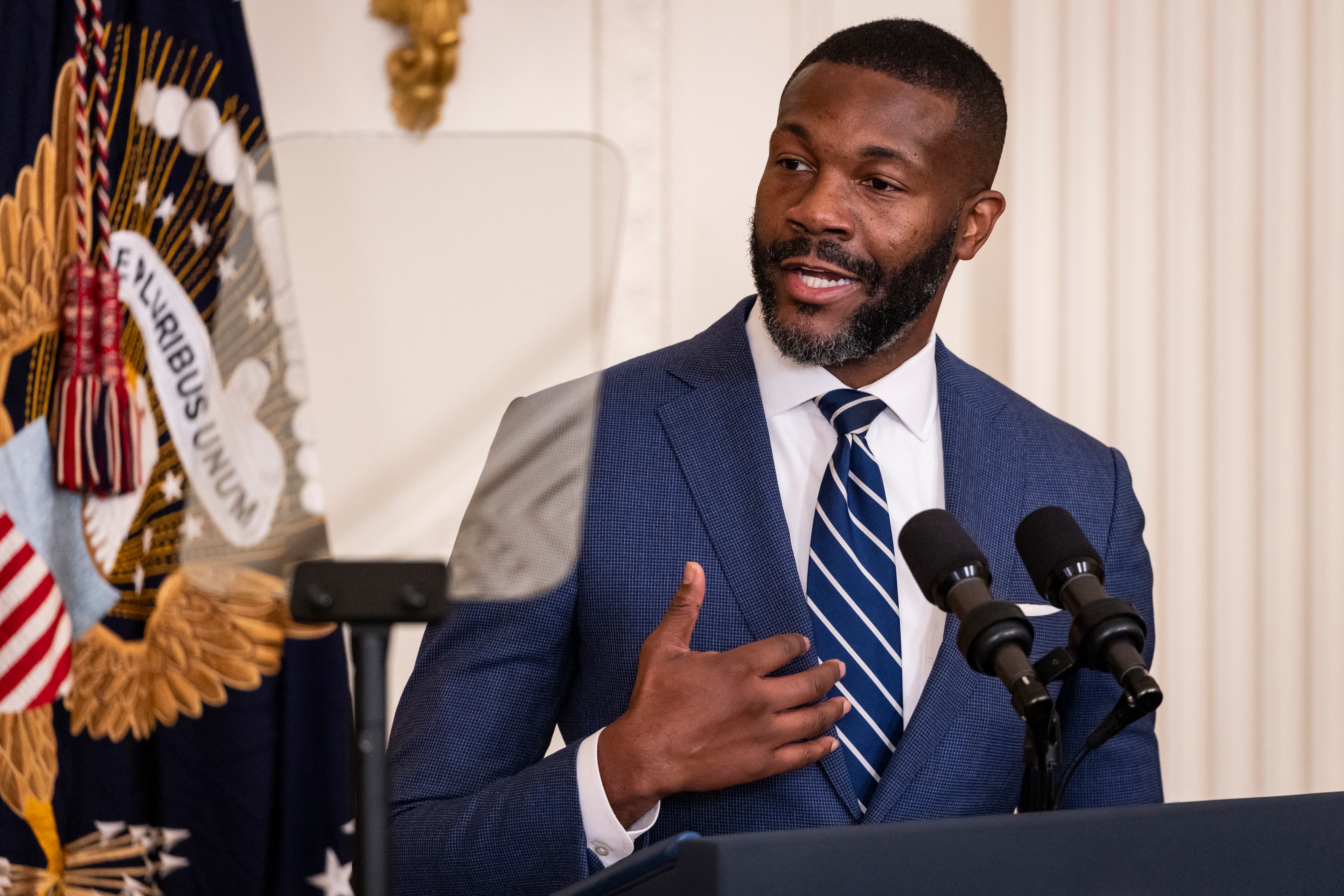 Randall Woodfin, Mayor of Birmingham, Alabama, speaks during an event in the East Room of the White House on September 26, 2024, in Washington, D.C. President Biden signed an executive order to combat gun violence in America. (Photo by Samuel Corum/Sipa USA)(Sipa via AP Images)