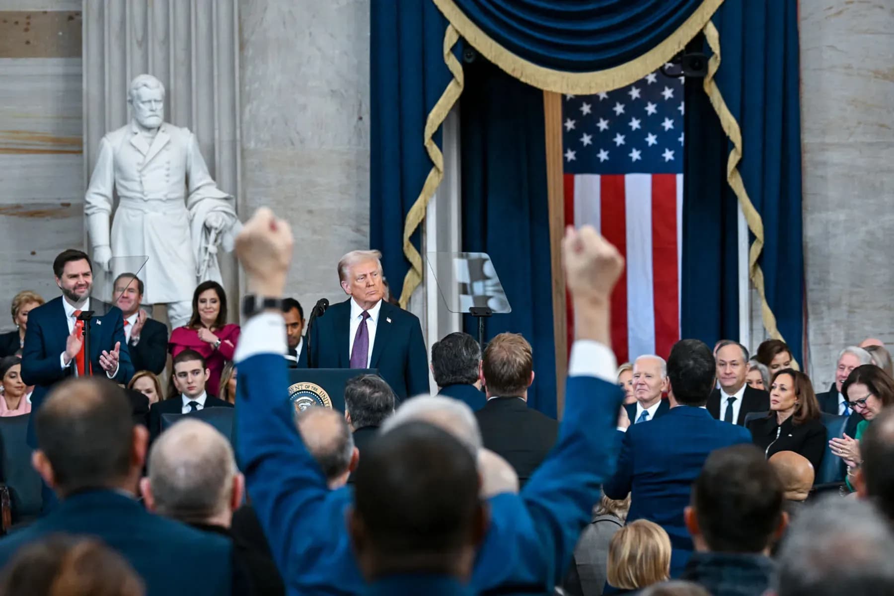 President Donald Trump speaks after being sworn in at his inauguration in the Capitol Rotunda on January 20, 2025 in Washington, D.C.