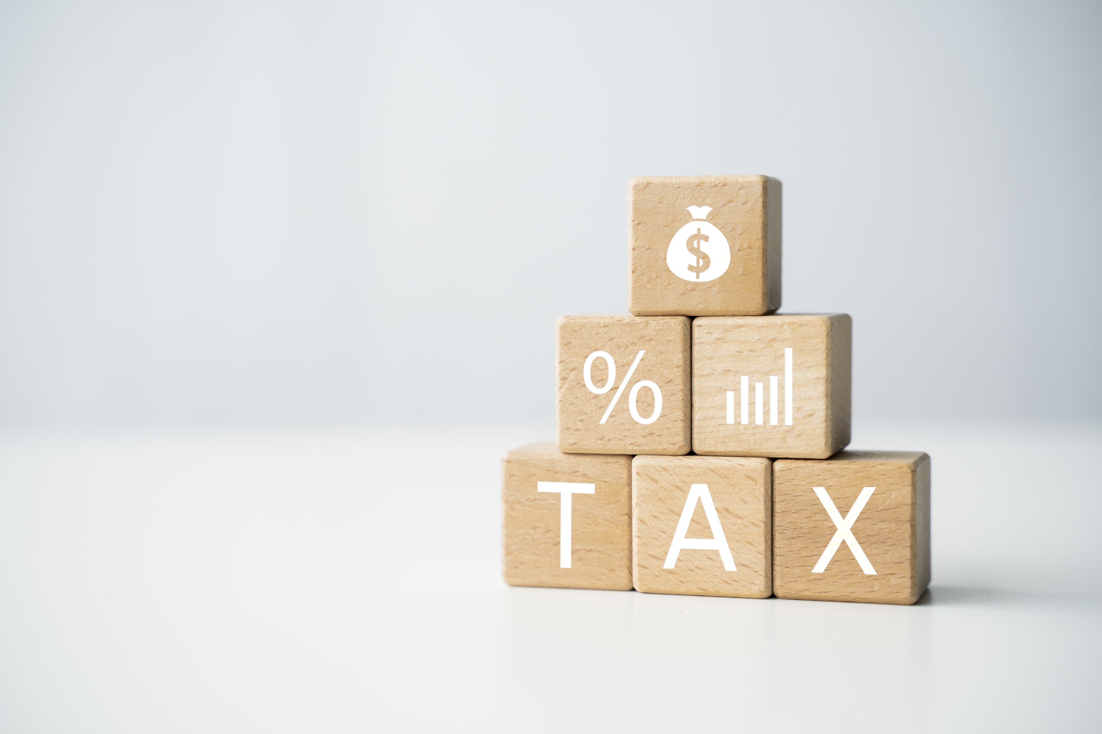 Wooden block financial tax payment tax return income expenses increase in expenditures, personal individual tax payment for state tax healthcare credit card percentage, graphical design display