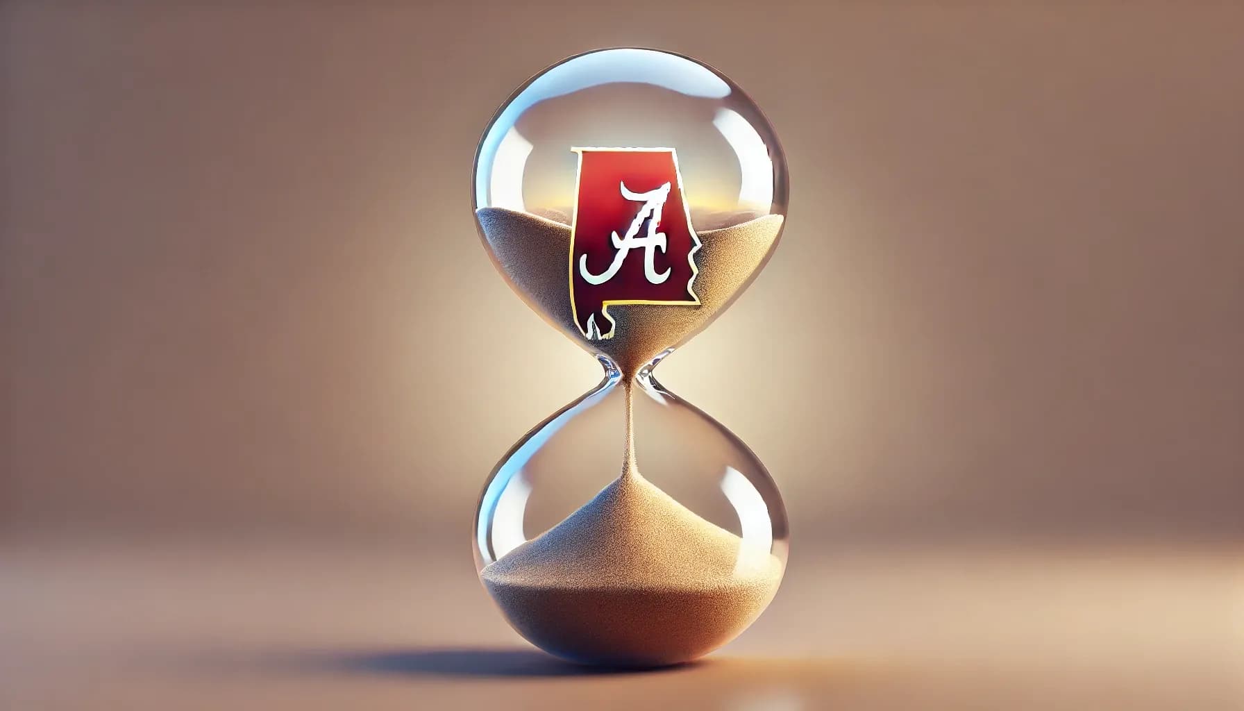 DALL·E 2025-02-02 18.46.25 - A landscape-oriented digital painting of an hourglass with the shape of Alabama inside. The hourglass is filled with sand, and the state of Alabama is