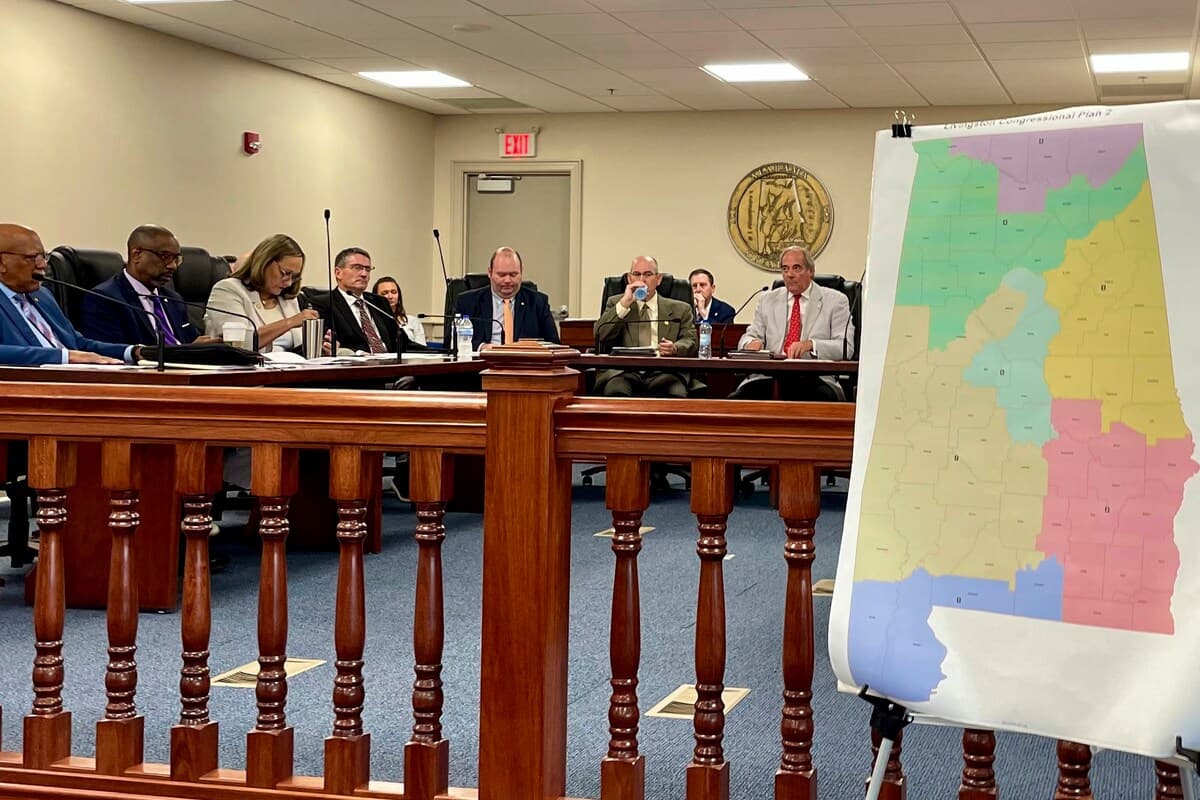 A map of a GOP proposal to redraw Alabama's congressional districts is displayed at the Alabama Statehouse in Montgomery, Ala., during a special session in July, 2023.
