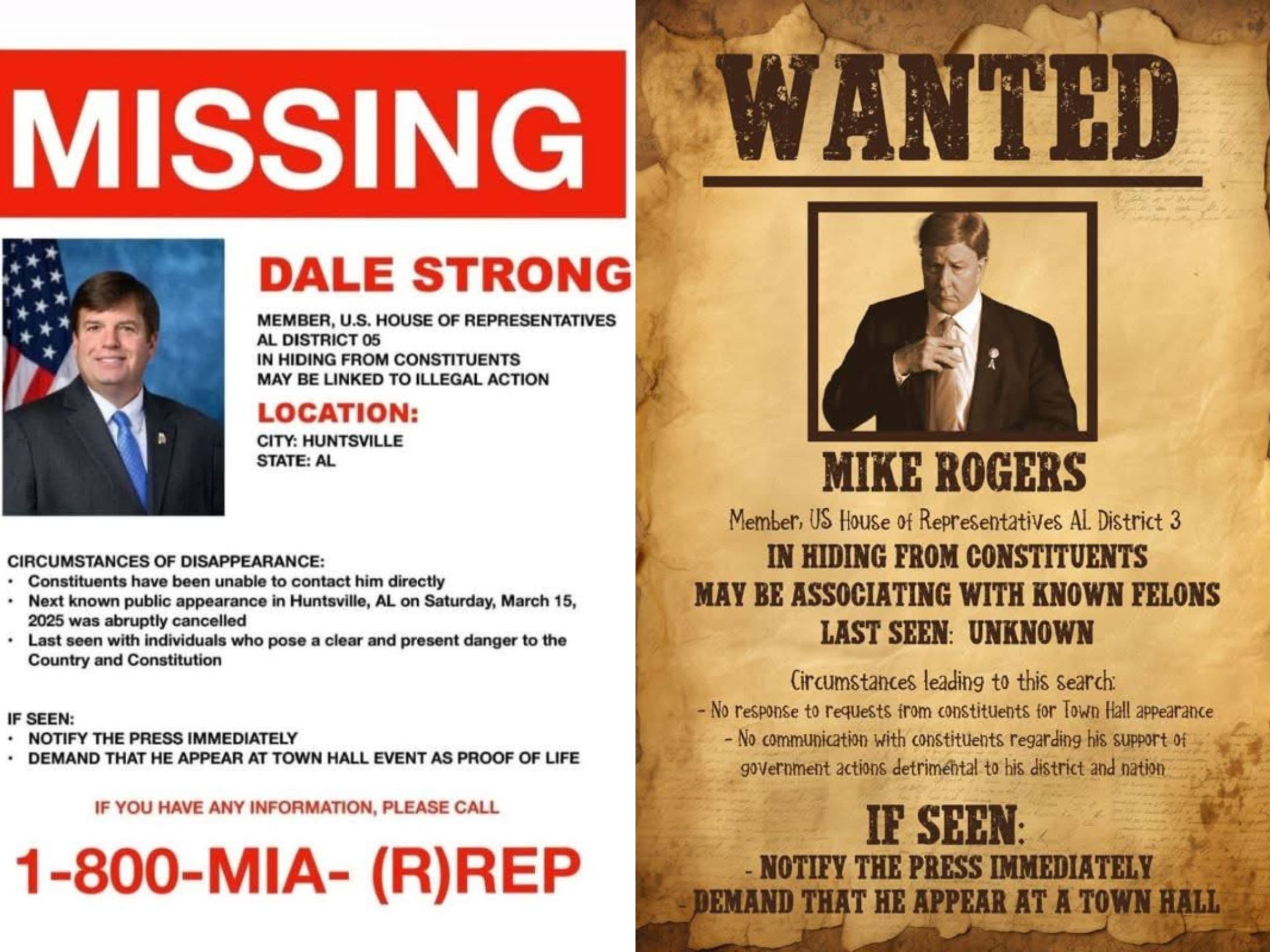 Satirical posters from social media calling on Reps. Dale Strong and Mike Rogers to hold town halls.