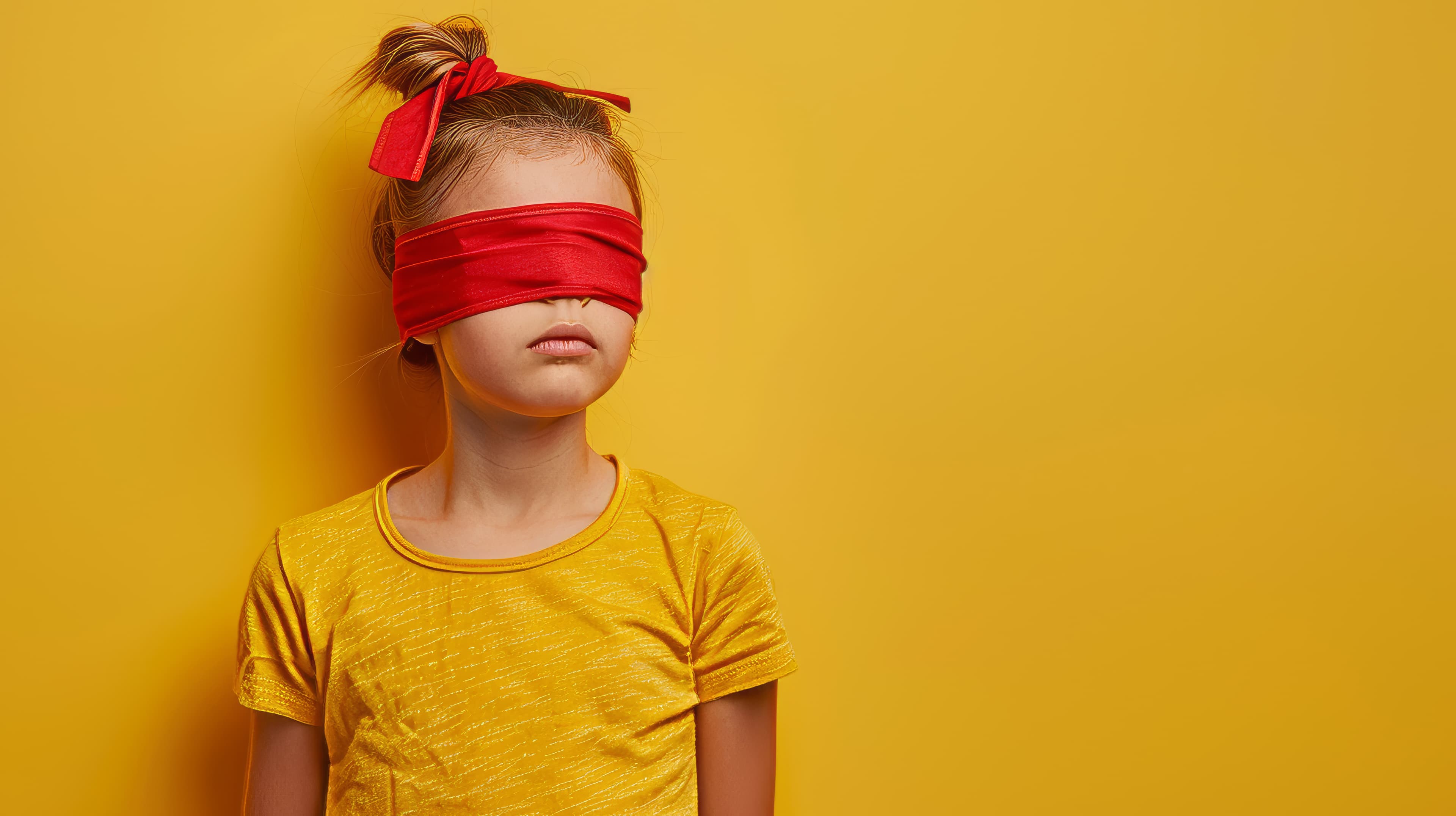 Portrait of a young girl kid with a blindfold on yellow background with copy space