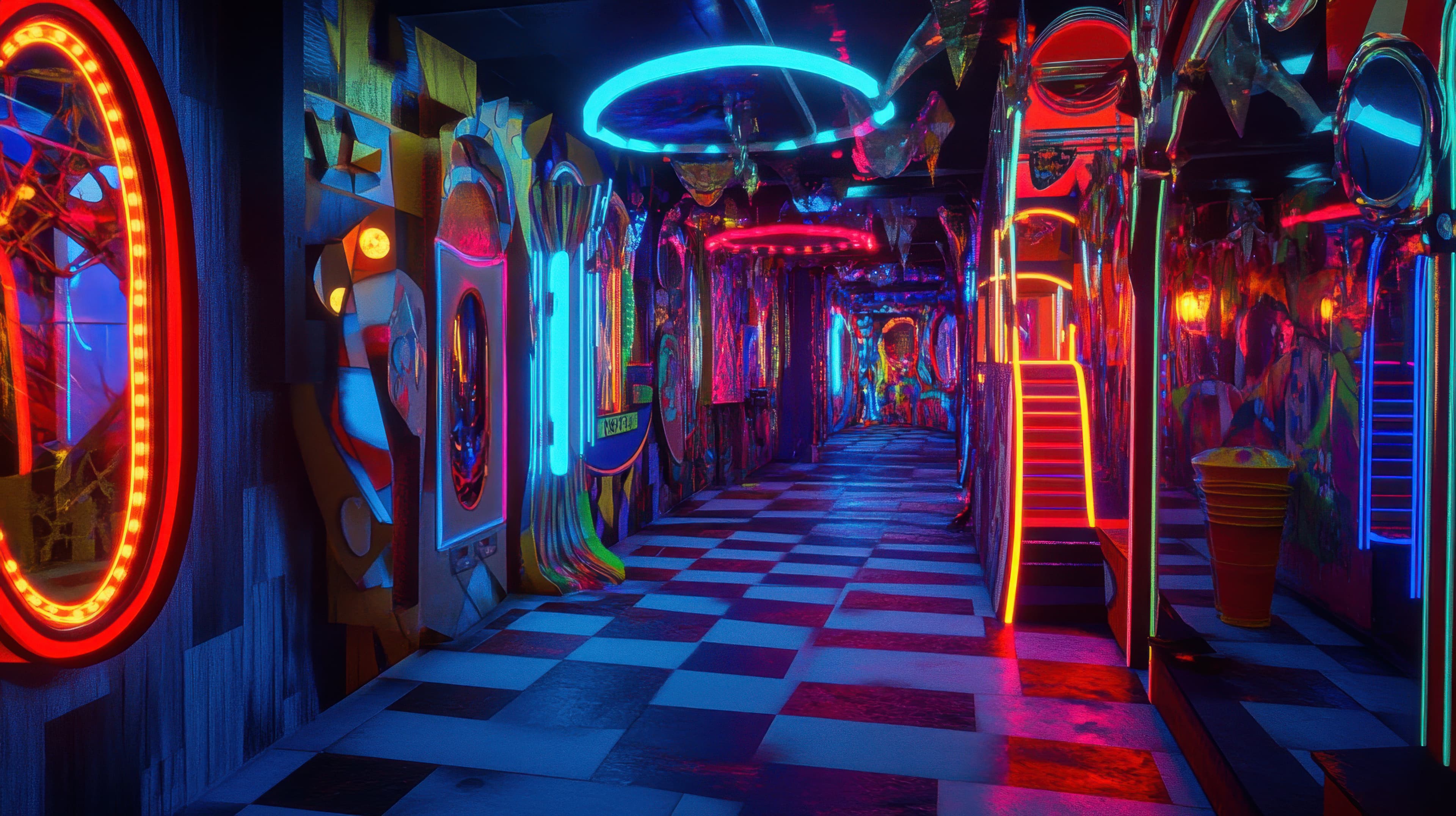 A carnival funhouse with distorted mirrors and neon lights