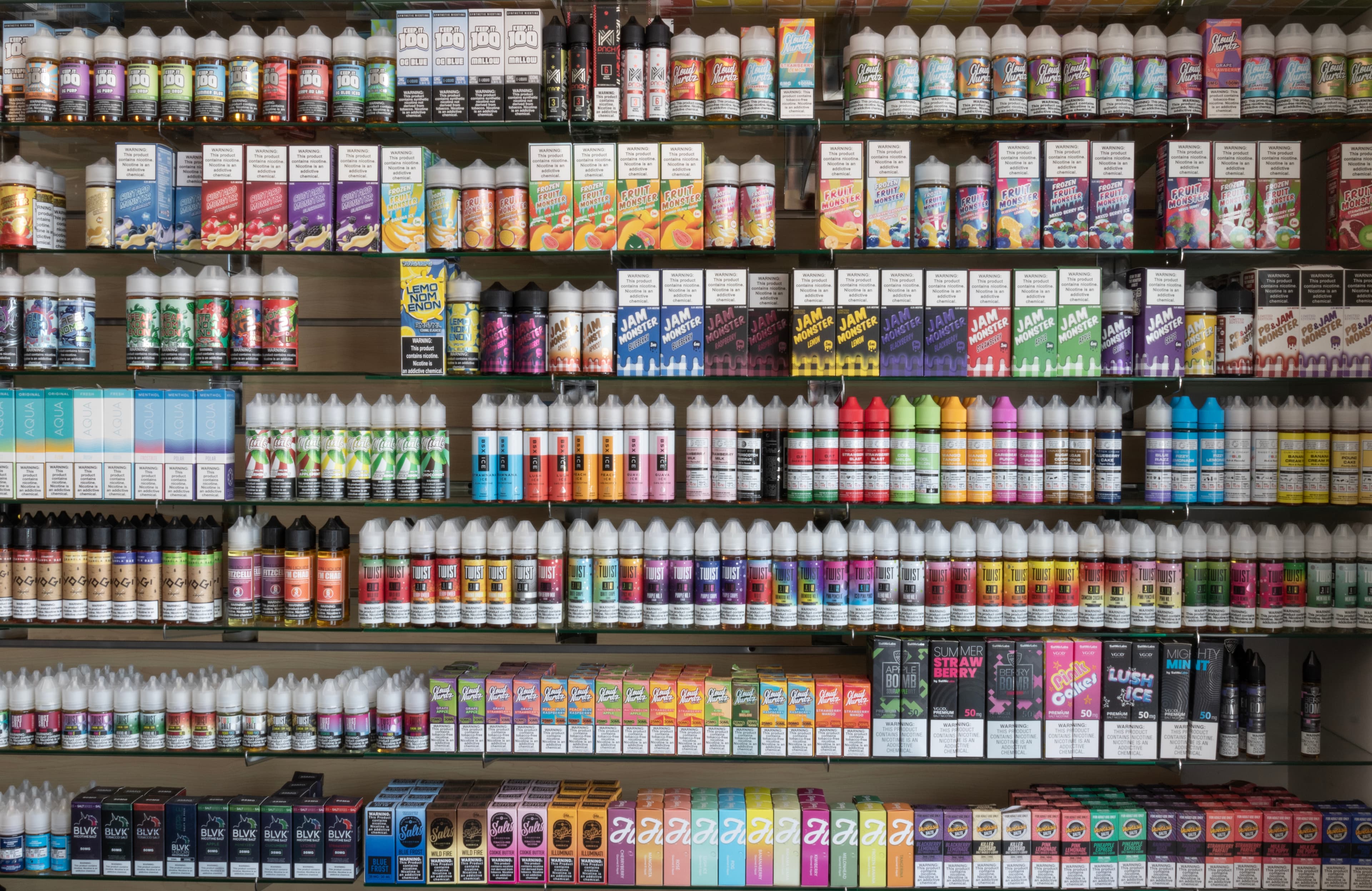 Lafayette - June 21, 2023: Flavored Vape Juices. The FDA is considering vaping regulations to deter children from getting addicted to nicotine.