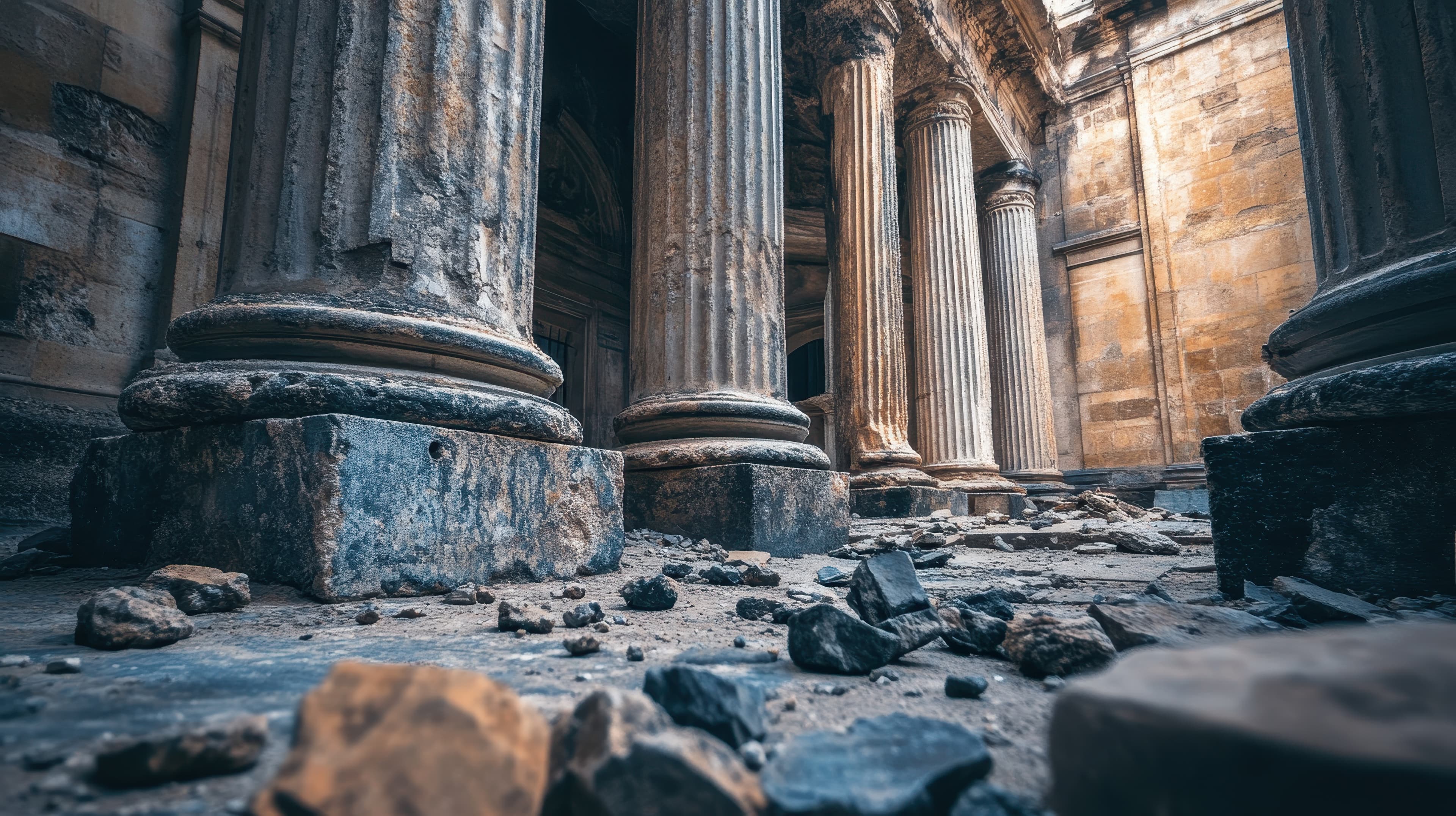 Ancient weathered columns in a crumbling structure, surrounded by scattered stones, evoke a sense of history and decay.