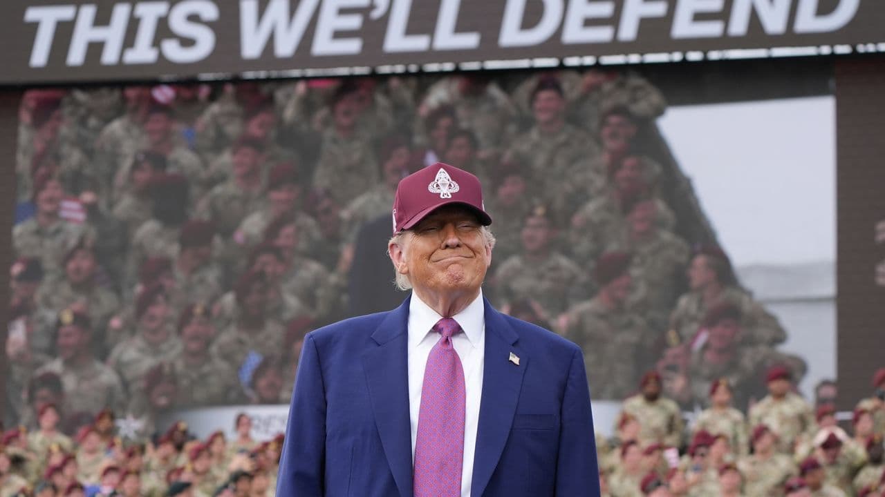 President Donald Trump arrives to speak at Fort Bragg. Tuesday, June 10, 2025.