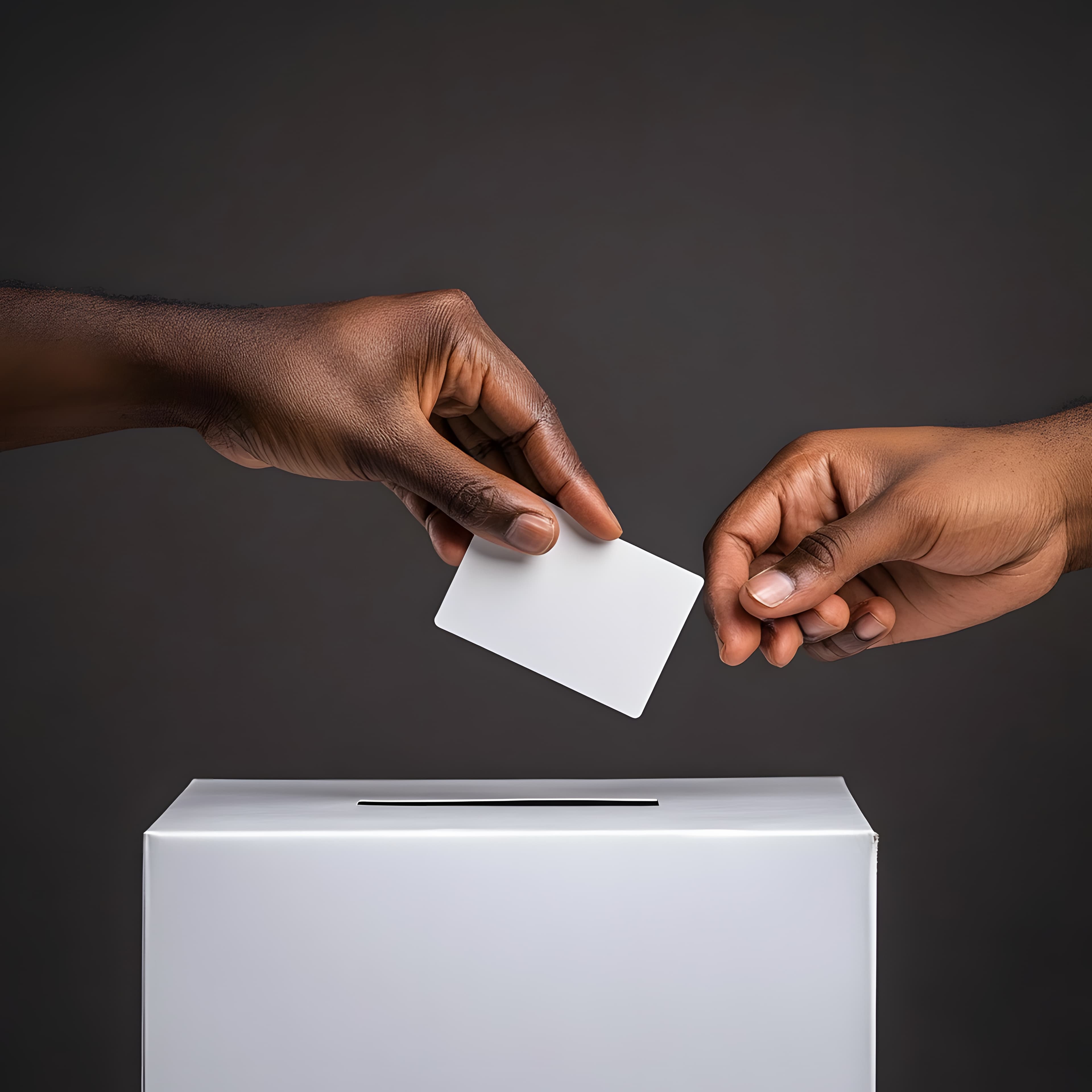 hand carefully placing card into white ballot box, symbolizing voting