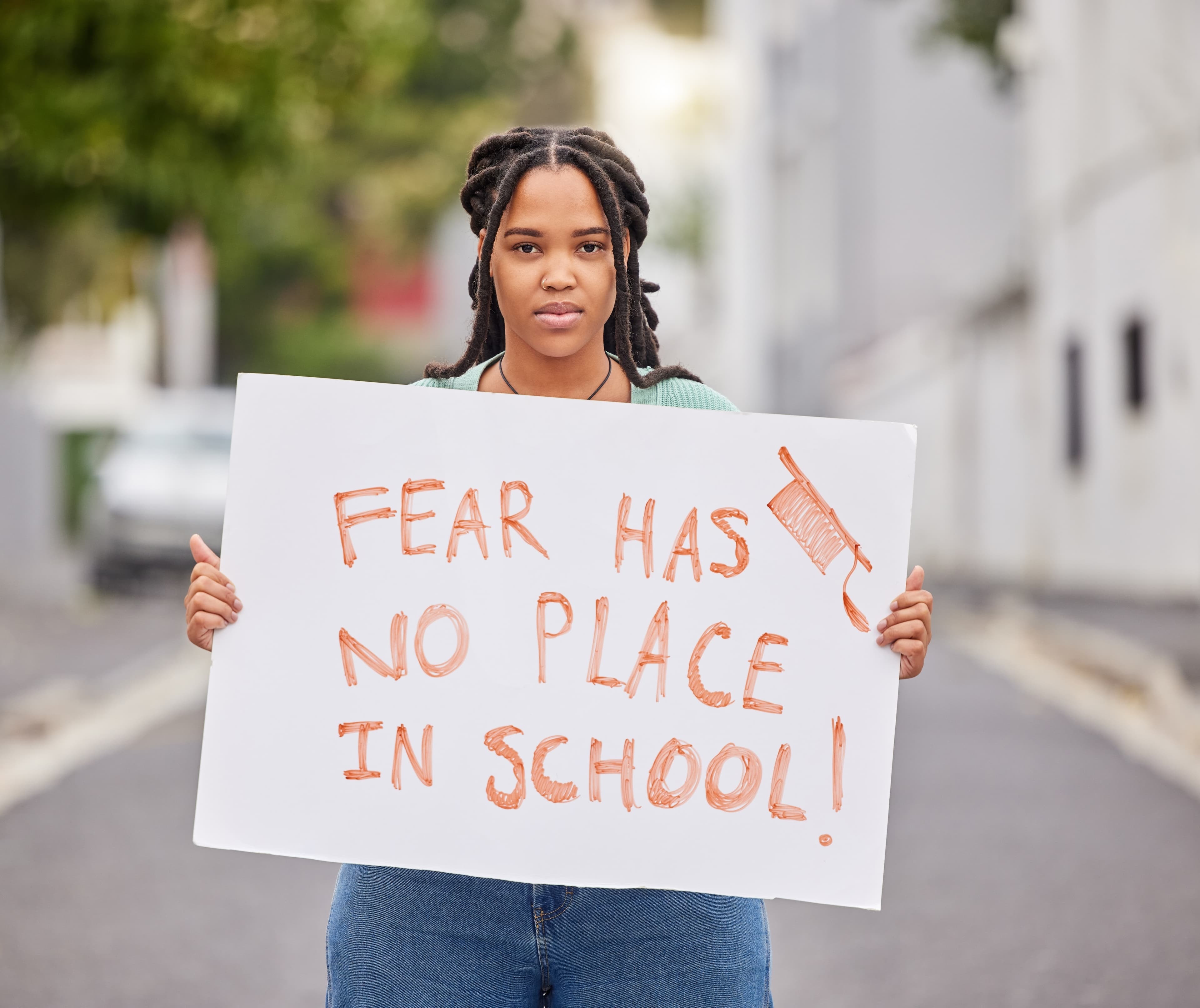Protest portrait, poster and city student rally for human rights support, USA gun control or stop school shooting. Students banner, global justice and teen black woman march for government law change