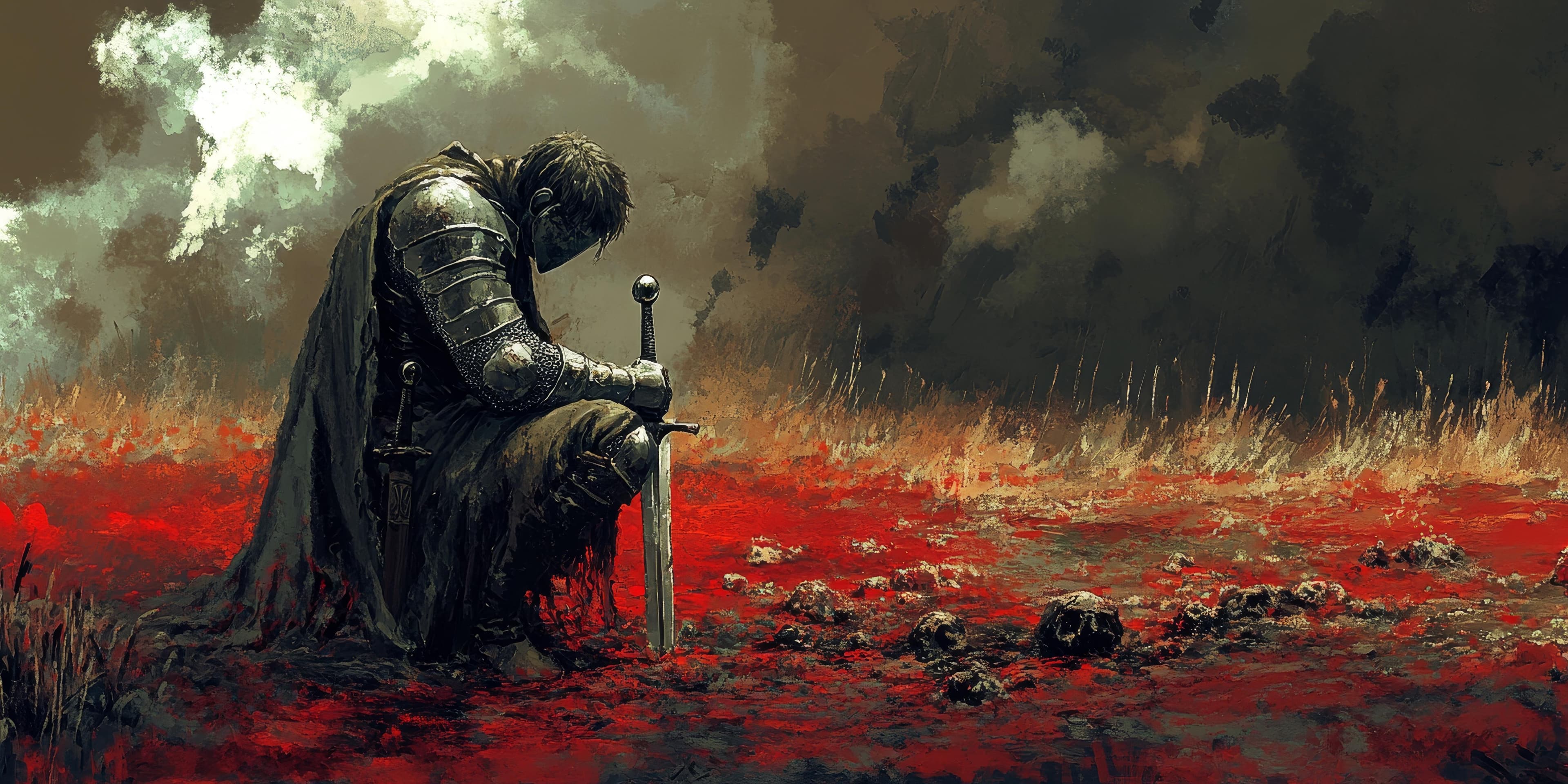 A lone knight kneels in a field of skulls.