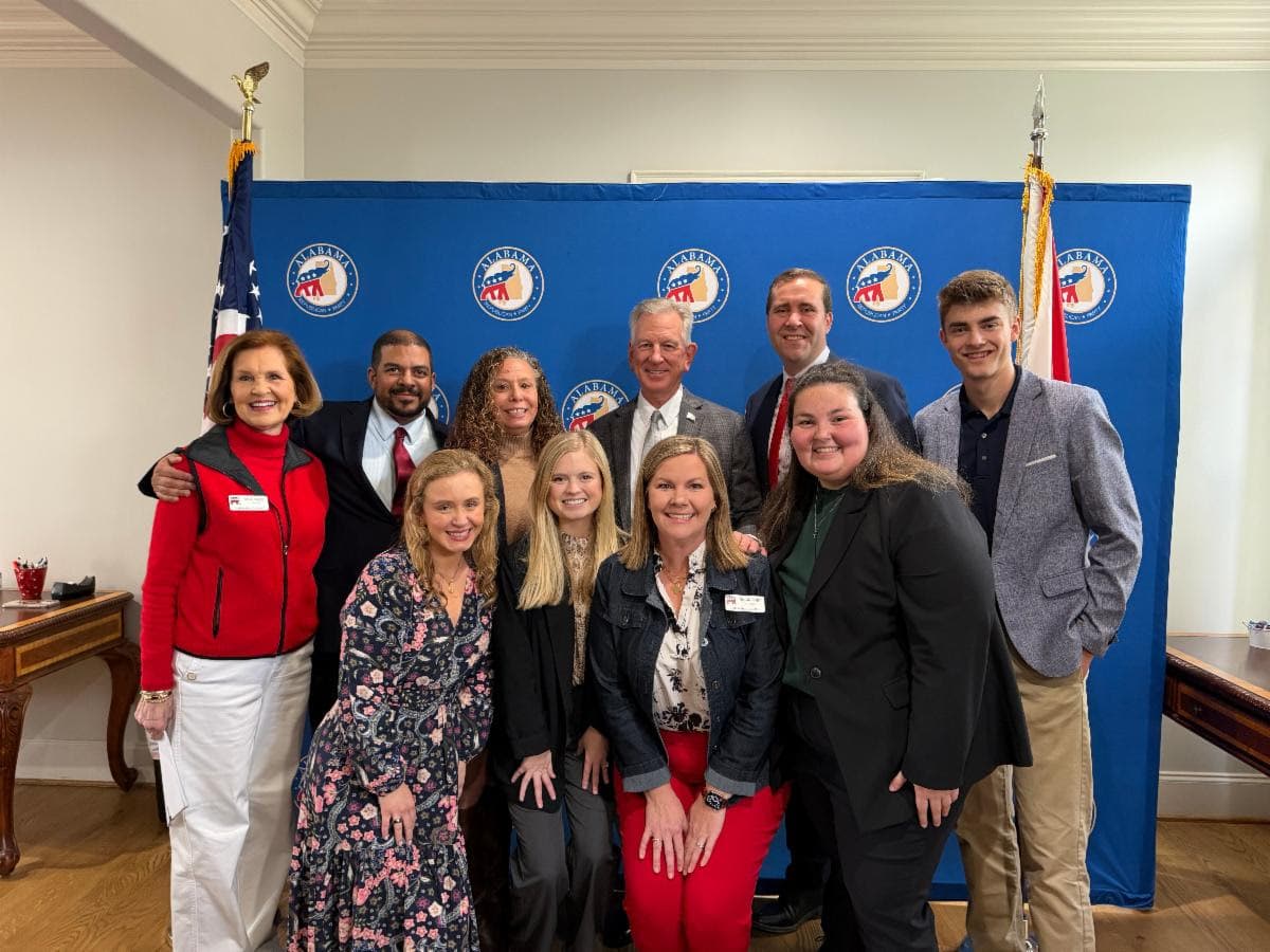 Members of Team ALGOP pose with U.S. Sen. Tommy Tuberville, who was among the first candidates to qualify when Republican qualifying opened Monday. Tuberville is seeking the Republican nomination for Governor of Alabama. Front row (L to R): ALGOP Director of Members Services Madeline Priestley; ALGOP Director of Events & Finance Annie Meissner; ALGOP Chief of Staff Shannon Whitt; ALGOP Executive Assistant Mallie Engle. Back row (L to R): ALGOP Vice Chairman Joan Reynolds; ALGOP Political Director Rich Holt; ALGOP Director of Legislative Affairs & Communications Jeannie Burniston; Senator Tommy Tuberville; ALGOP Chairman John Wahl; ALGOP Coordinator of Youth Outreach Brady Johnson.