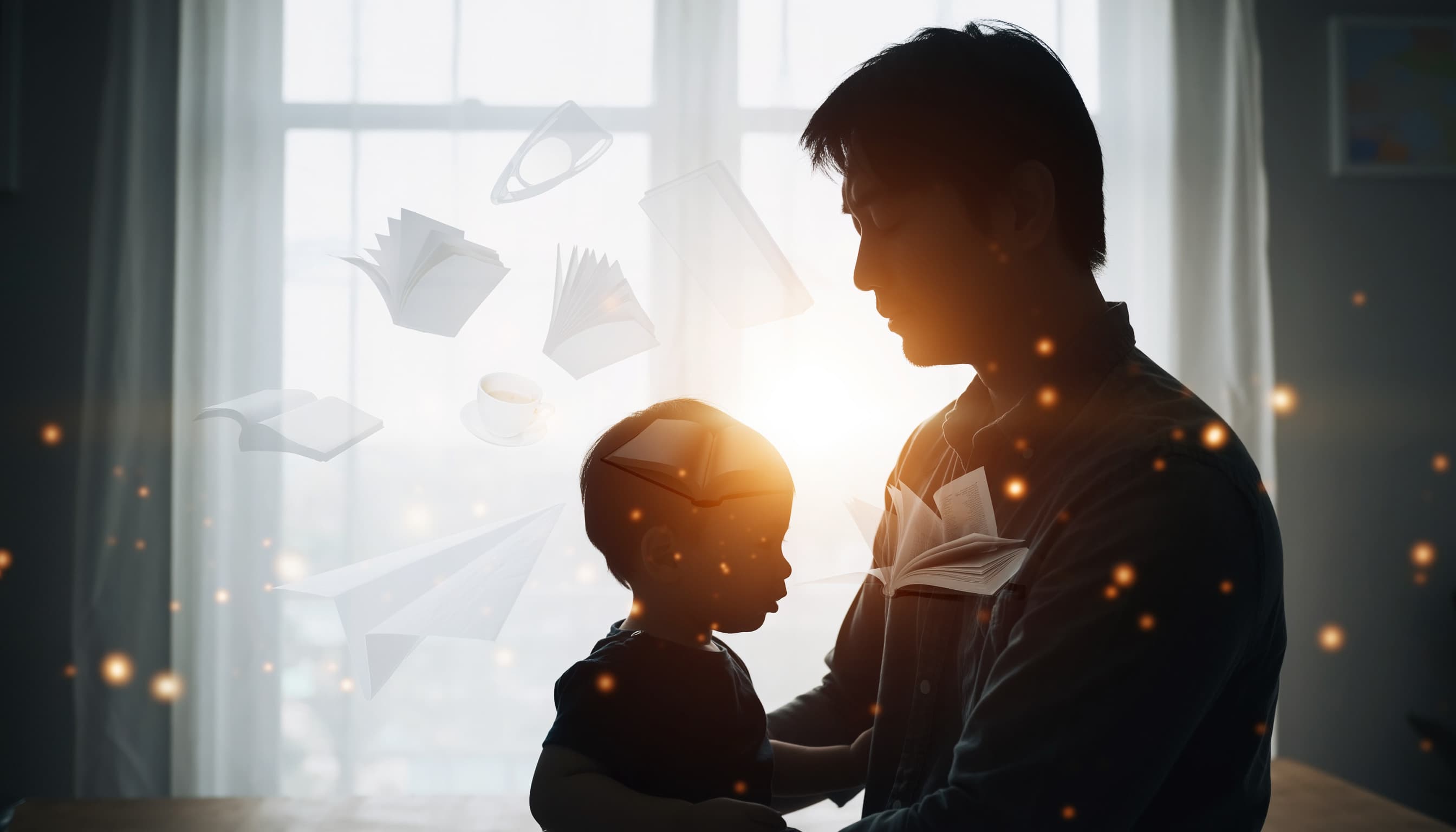 Parent and child silhouette at home, double exposure with warm window light and imaginative elements like books and a paper airplane, gentle textures, hopeful mood, realistic lifestyle composite, mini