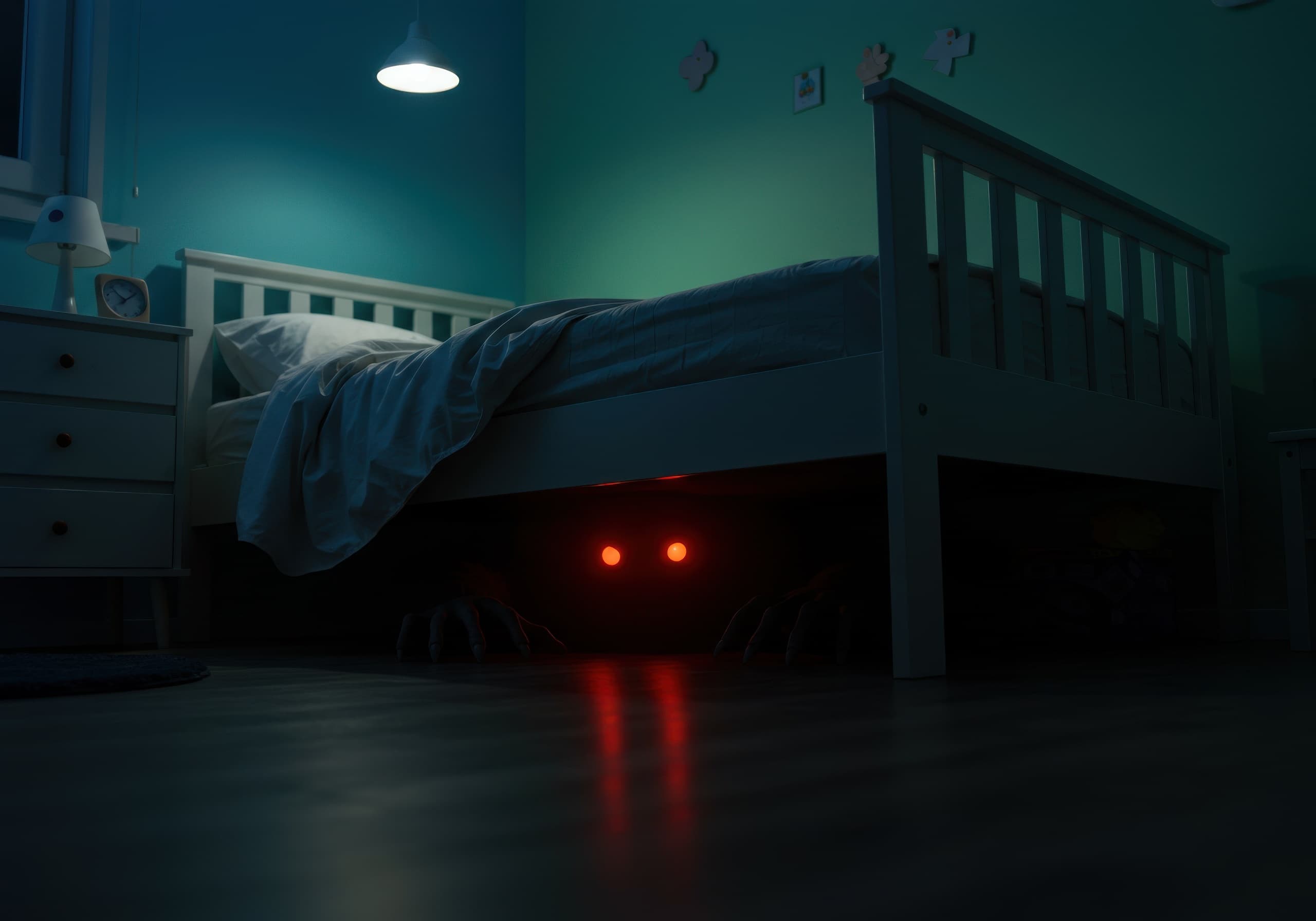 Mysterious creature emerging from under bed in dimly lit bedroom