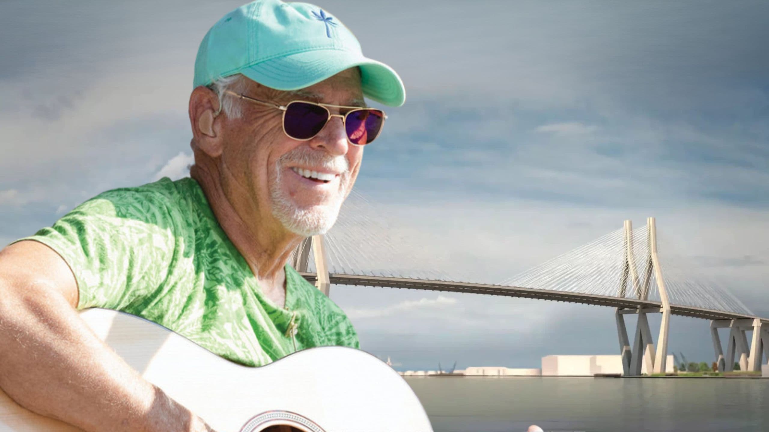 A photo of Jimmy Buffett and a rendering of the Mobile River Bridge and Bayway.