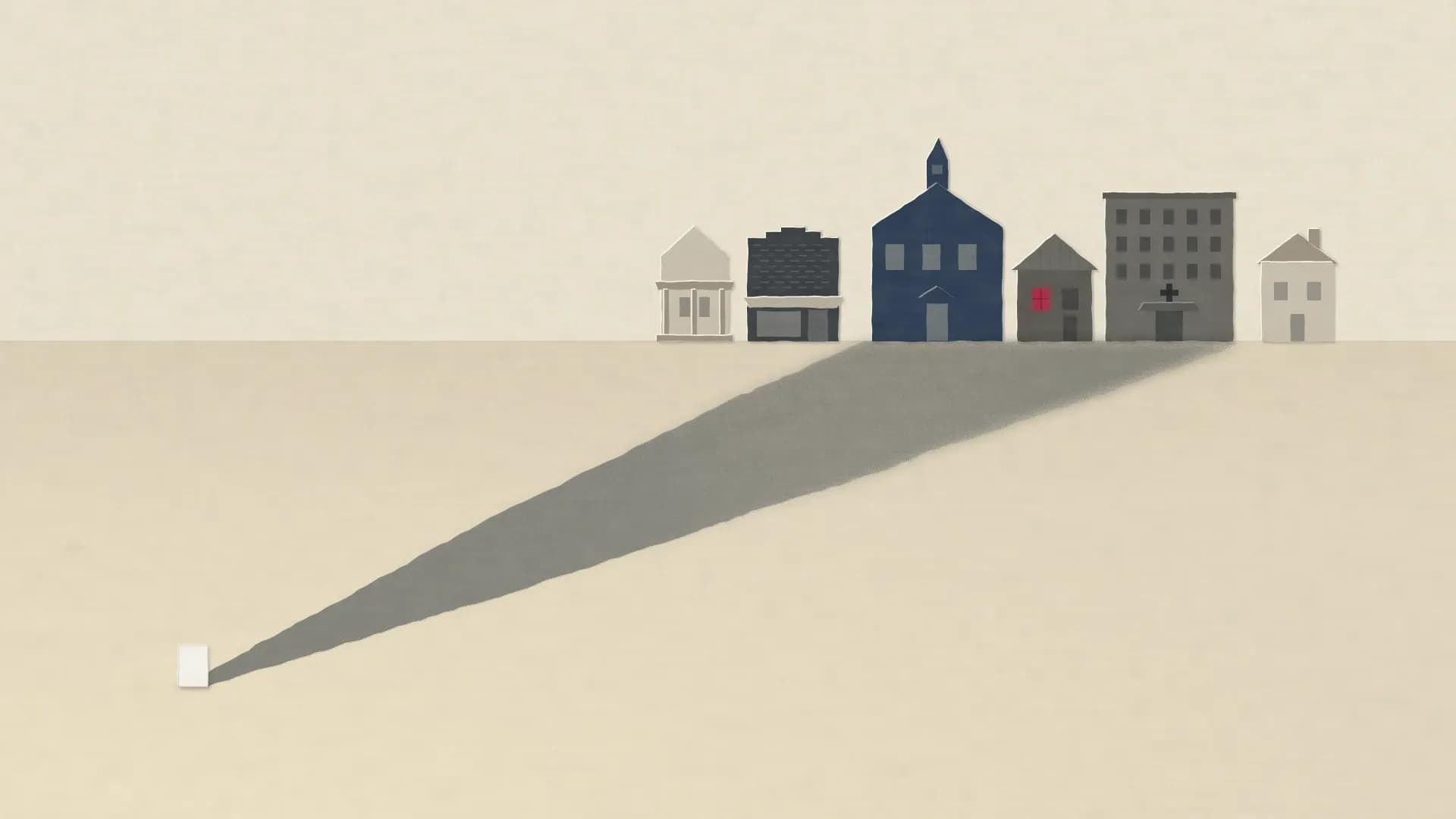 A small blank sheet of paper stands on open ground. Its long shadow stretches across the frame into a small town, darkening a schoolhouse, a house with one red-lit window and a hospital. The houses at either end stay in the light.