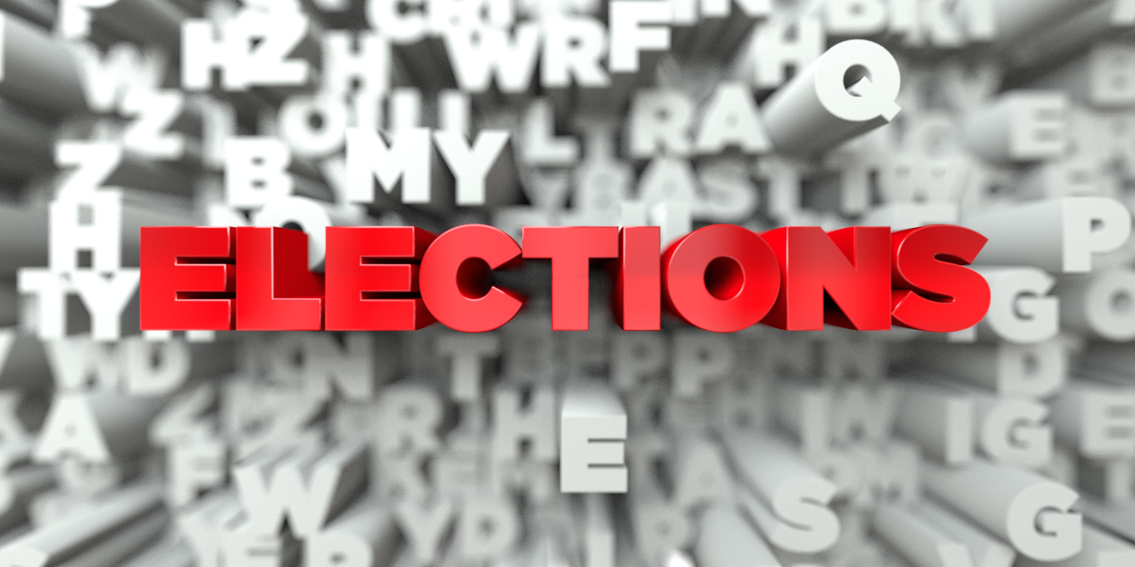 ELECTIONS - Red text on typography background - 3D rendered royalty free stock image. This image can be used for an online website banner ad or a print postcard.