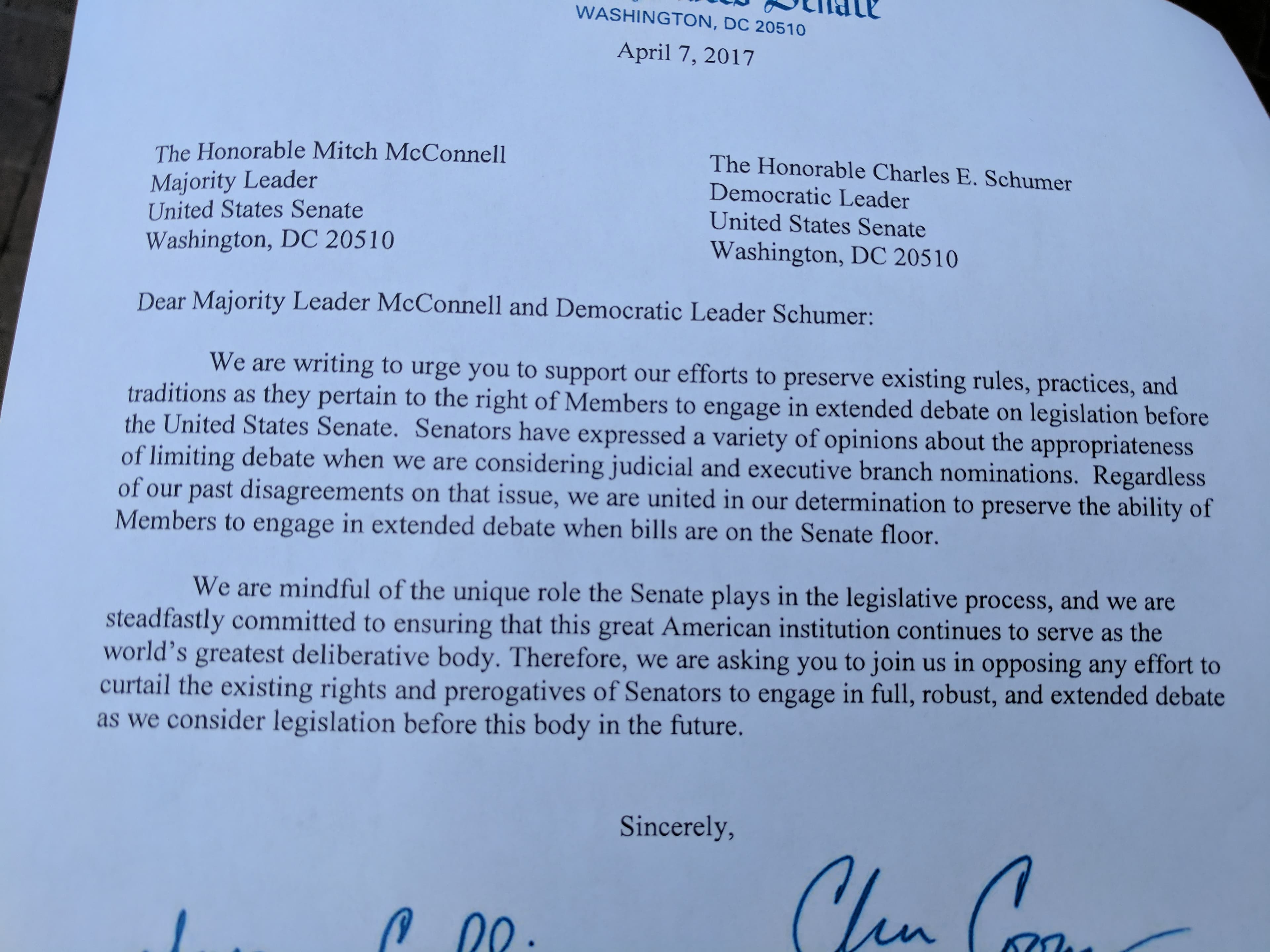 The Letter sent to US Senate leaders