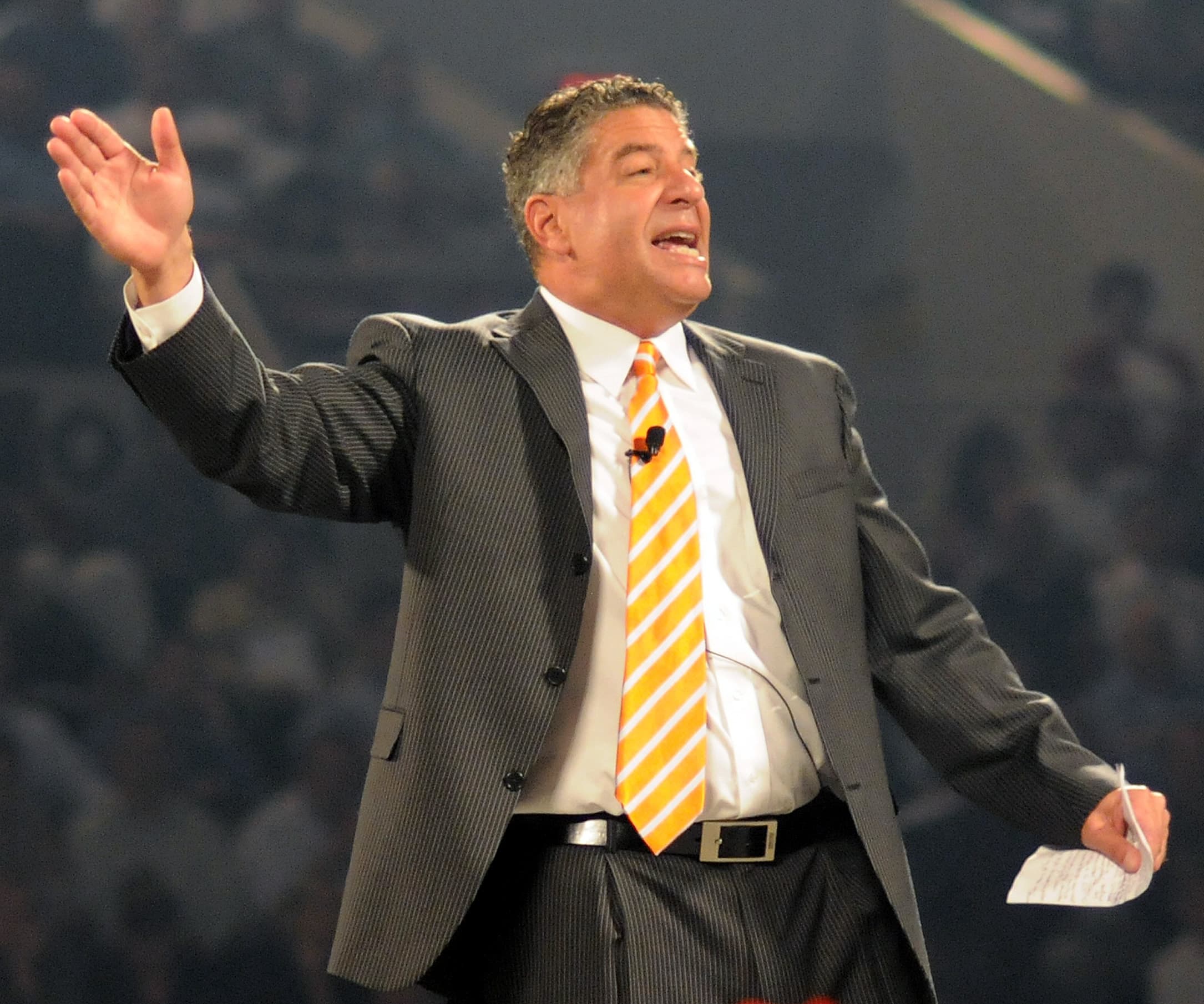 KNOXVILLE, Tenn. -- University of Tennessee mens basketball coach Bruce Pearl addresses the Get Motivated! business seminar at the Knoxville Civic Coliseum, July 21, 2010. Members of The I.G. Brown Air National Guard Training and Education Center attended the event. (U.S. Air Force photograph by Master Sgt. Kurt Skoglund/Released)