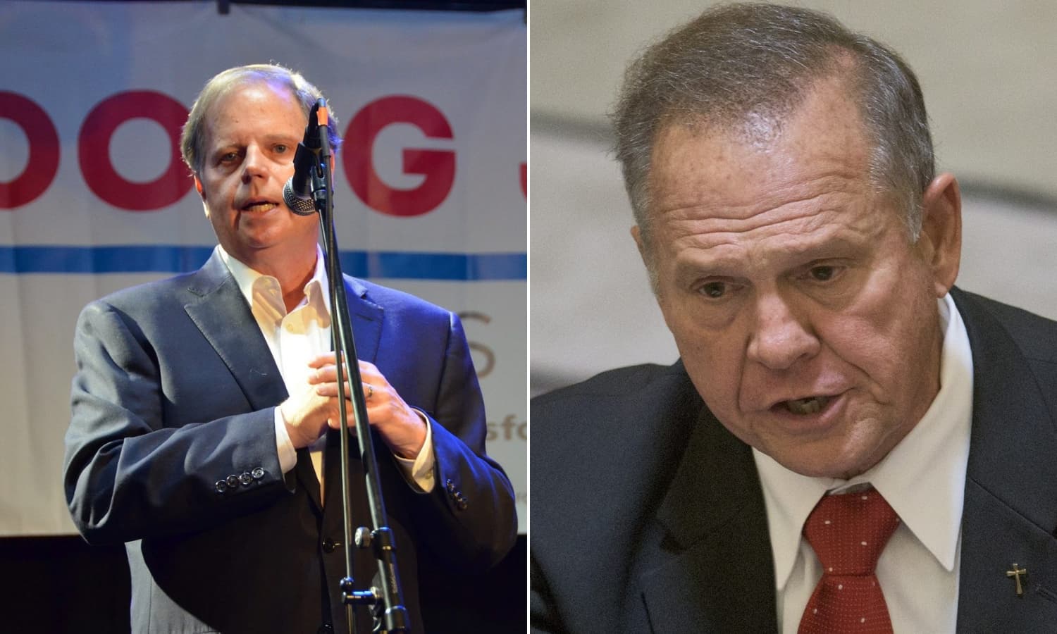 Left: Doug Jones via OpenMinded Alabama. Right: Roy Moore, via Mickey Welsh for the Montgomery Advertiser/Pool Photo