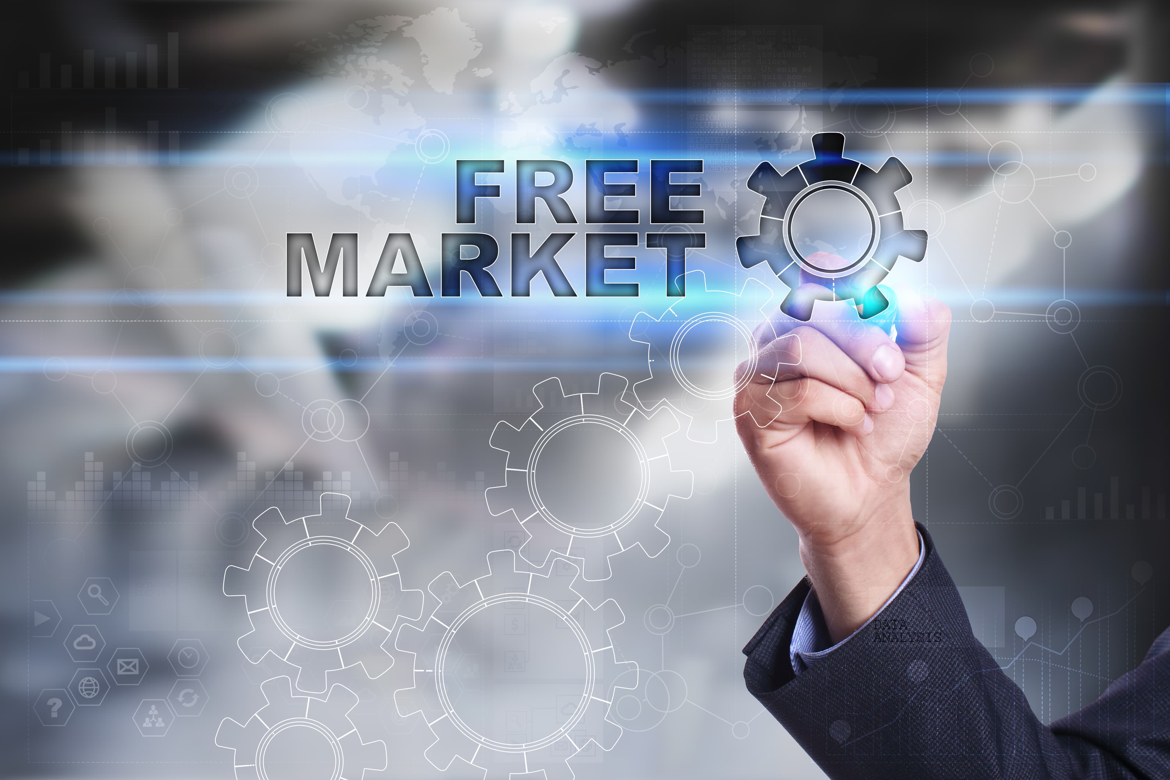 Businessman is drawing on virtual screen. free market concept