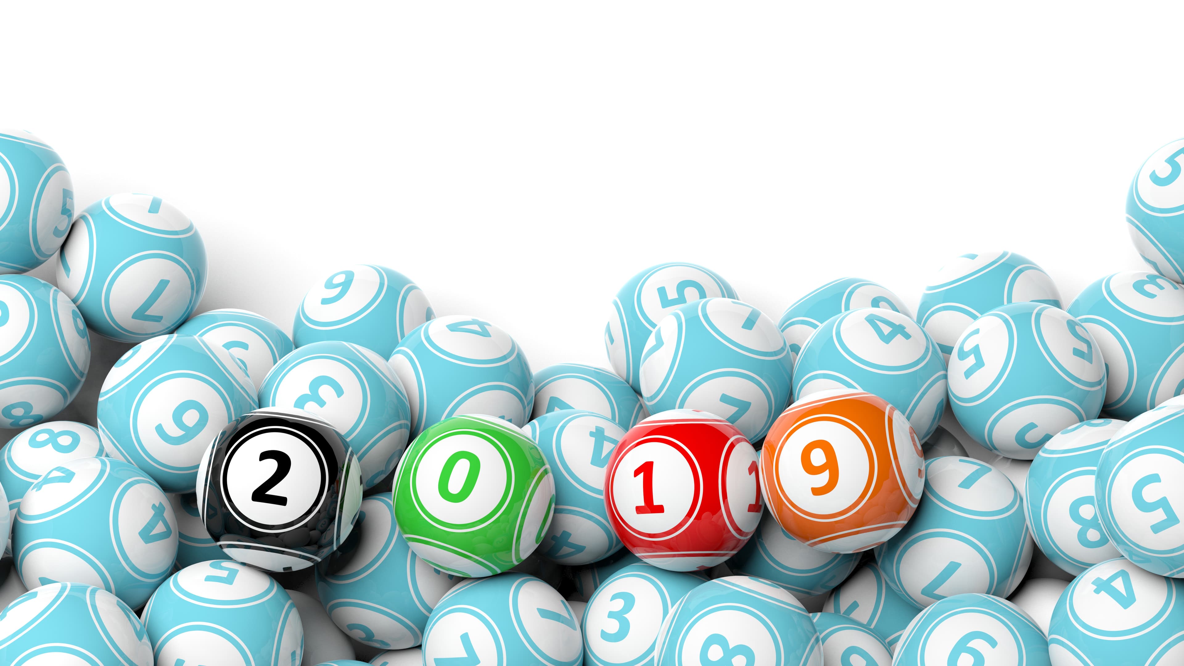 New year 2019 digits on bingo balls. Bingo lottery balls heap on white background, copy space. 3d illustration