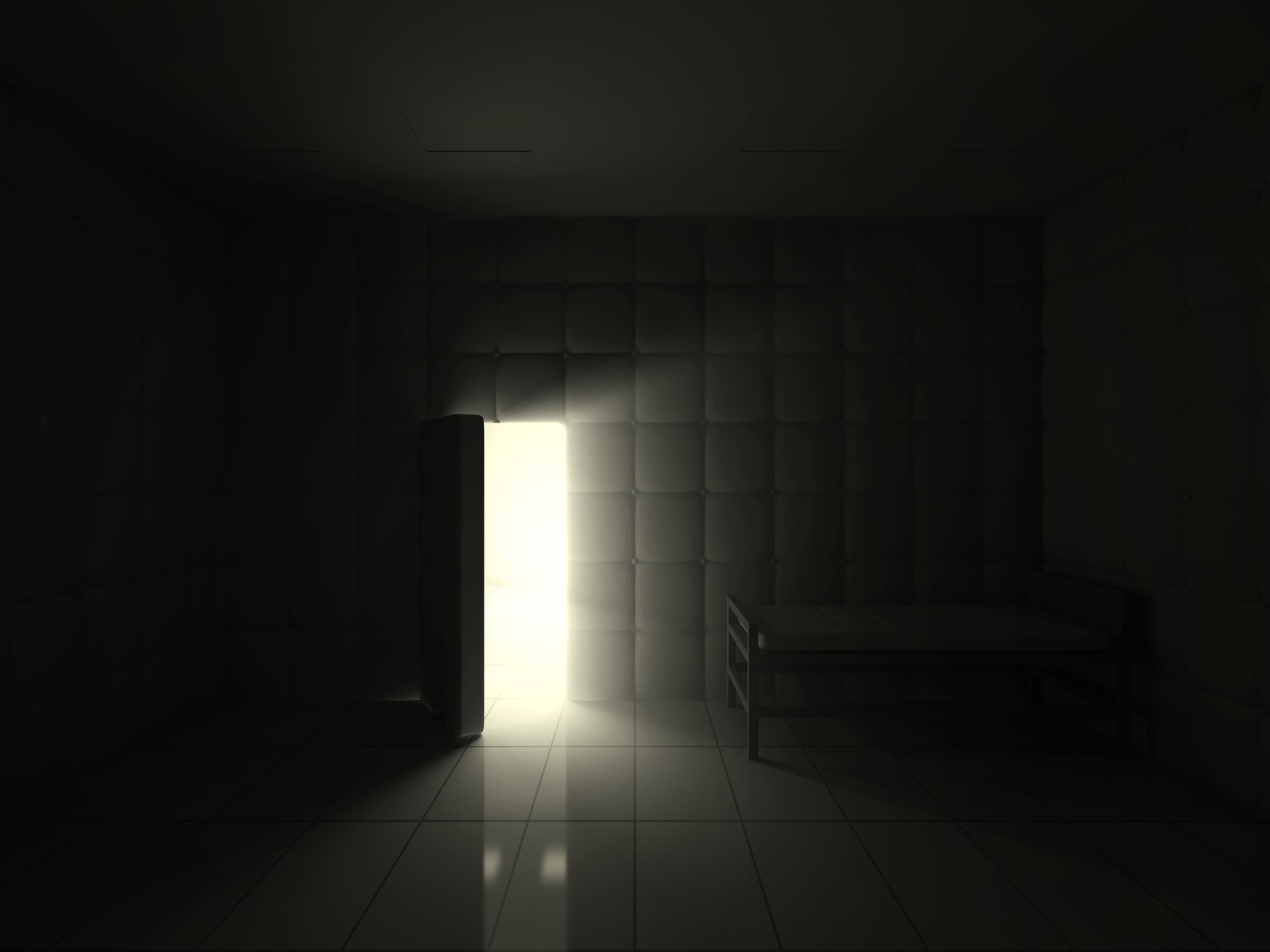 Mental Hospital Room Interior with Opened Door at Night. 3D Rendering