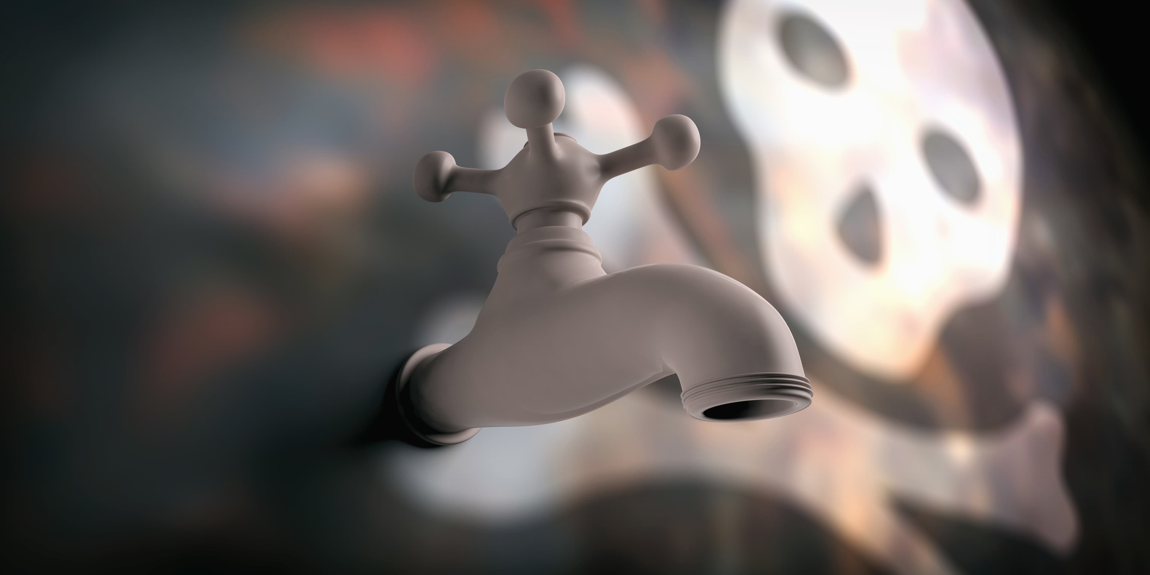 Toxic or contaminated water concept. Water tap on blur background with skull. 3d illustration