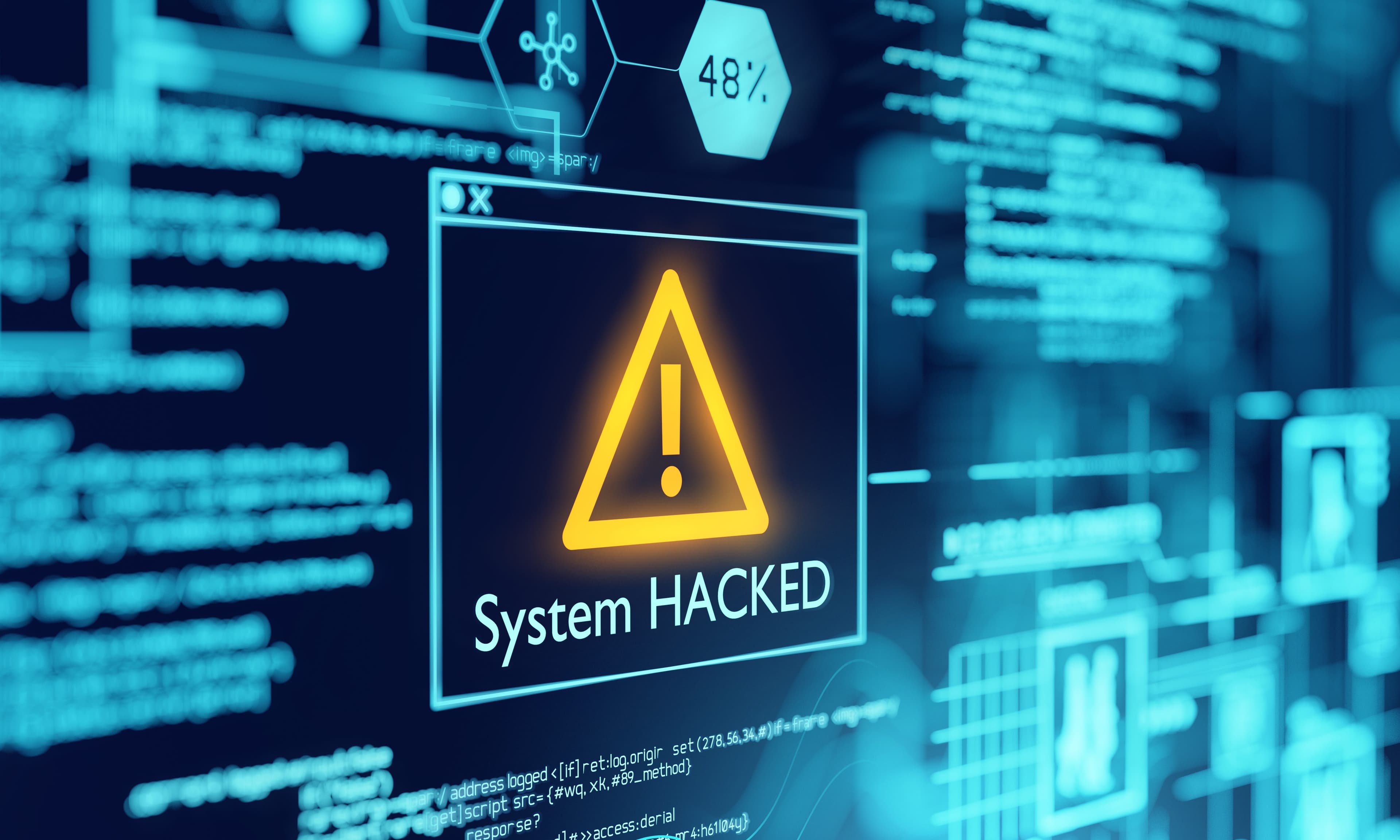 A computer popup box screen warning of a system being hacked, compromised software enviroment. 3D illustration.