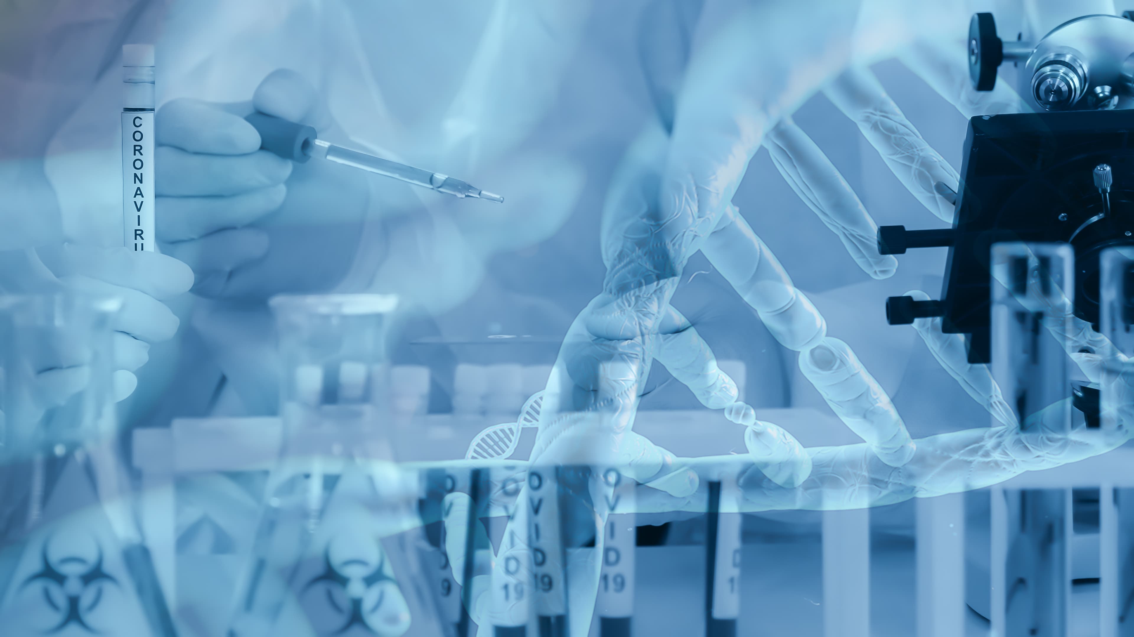 multiexposure background of china coronavirus COVID-19 infected blood sample in sample tube in hand of scientist in bioresearch laboratory with DNA strain